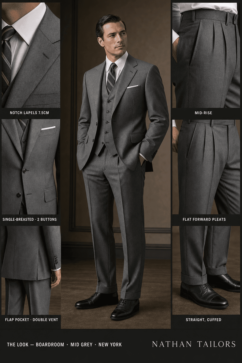 mid grey single-breasted notch-lapel online custom suit — designed online at RemoteSuit. Made-to-measure online custom suit available from $129.