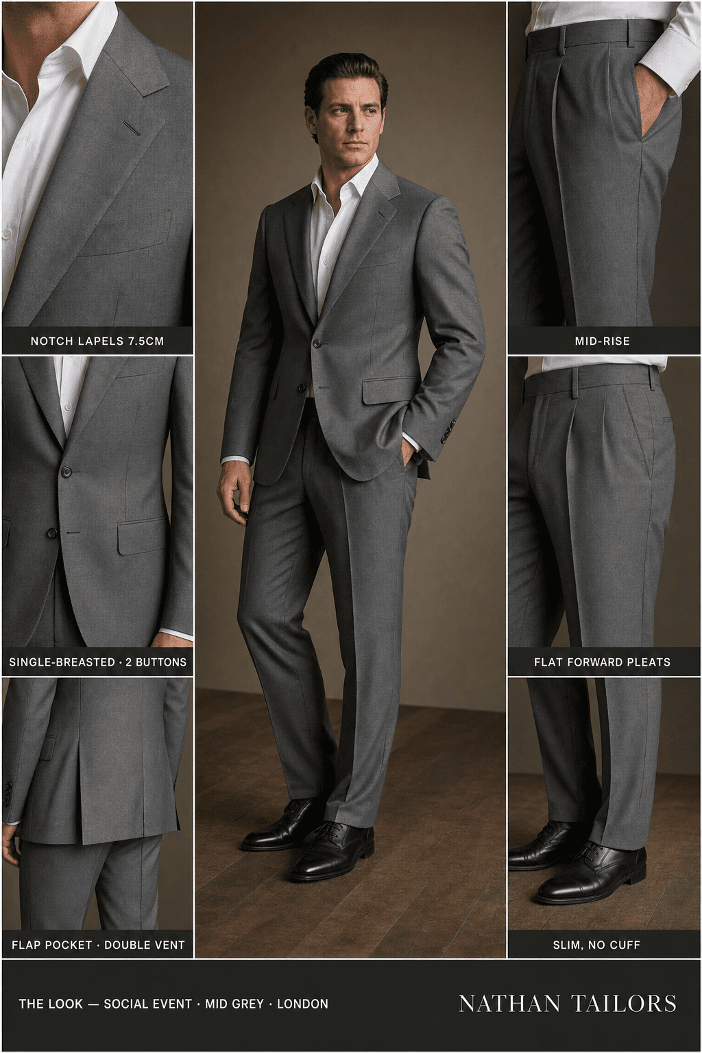mid grey single-breasted notch-lapel online custom suit — designed online at RemoteSuit. Made-to-measure online custom suit available from $129.