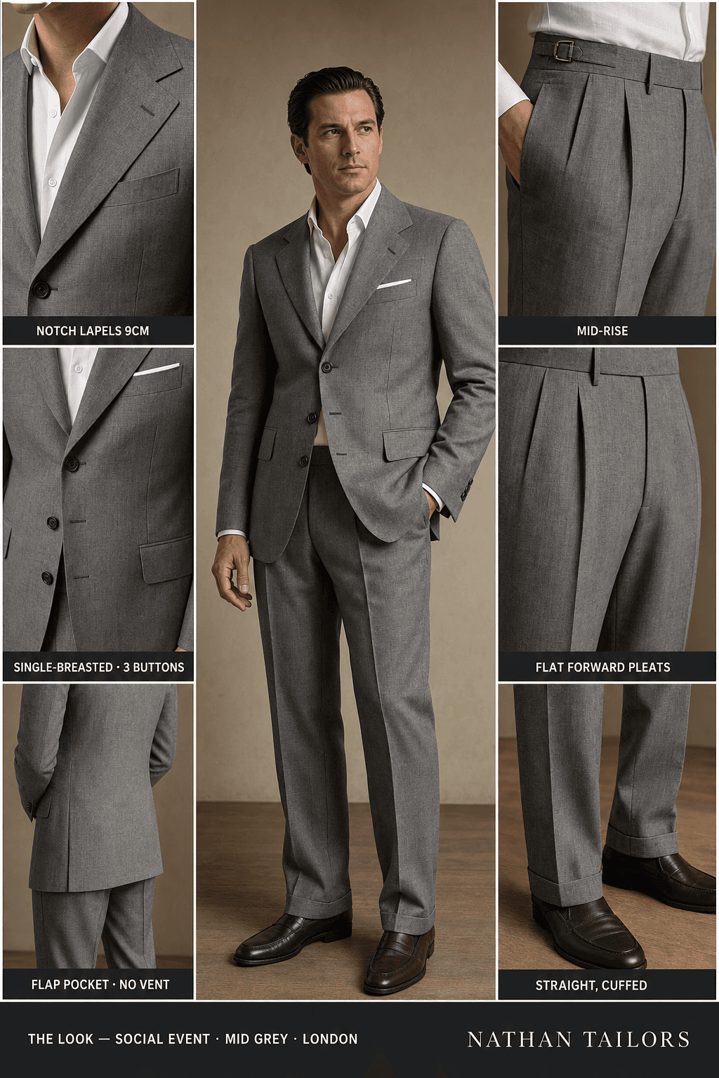 mid grey single-breasted notch-lapel online custom suit — designed online at RemoteSuit. Made-to-measure online custom suit available from $129.