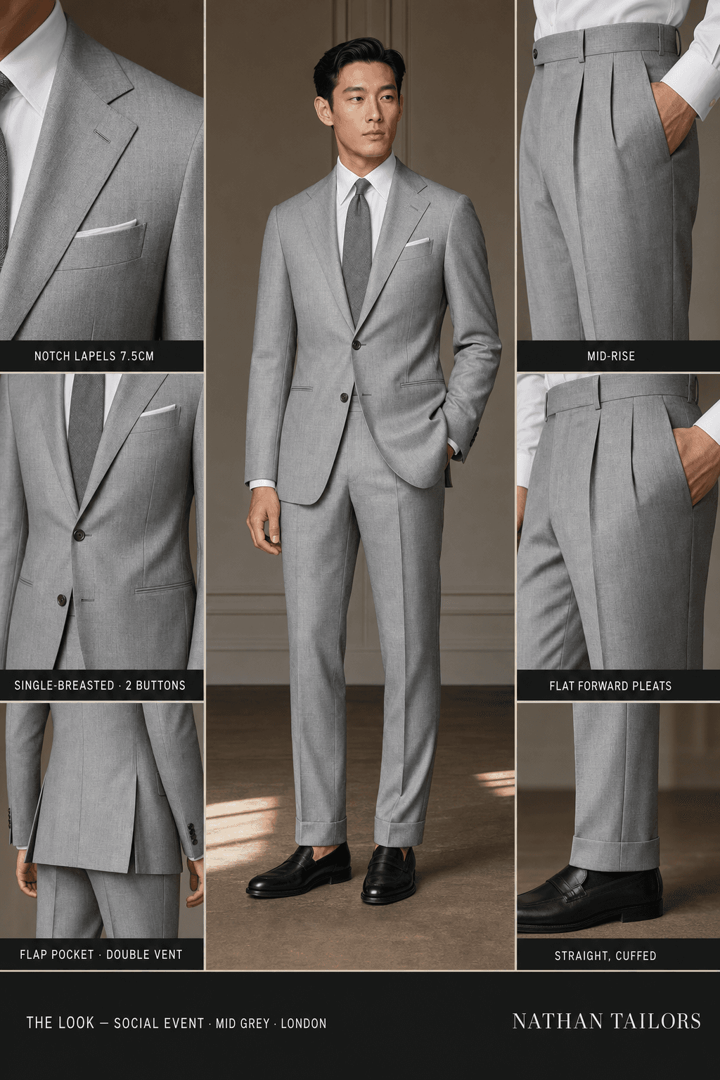mid grey single-breasted notch-lapel online custom suit — designed online at RemoteSuit. Made-to-measure online custom suit available from $149.