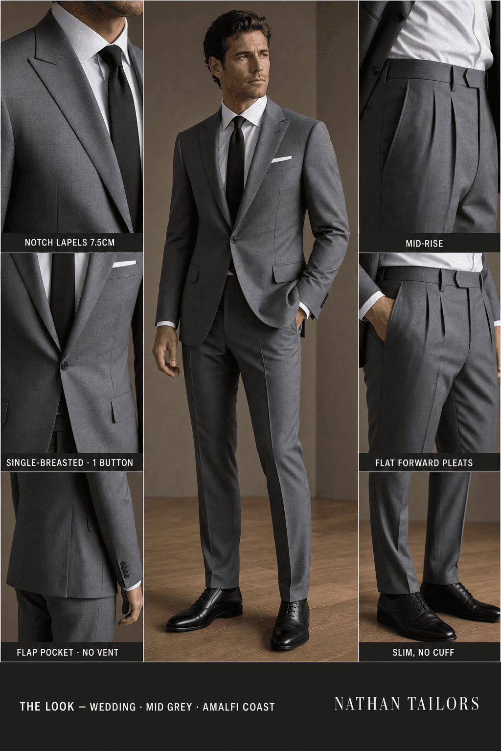 mid grey single-breasted notch-lapel online custom suit — designed online at RemoteSuit. Made-to-measure online custom suit available from $129.