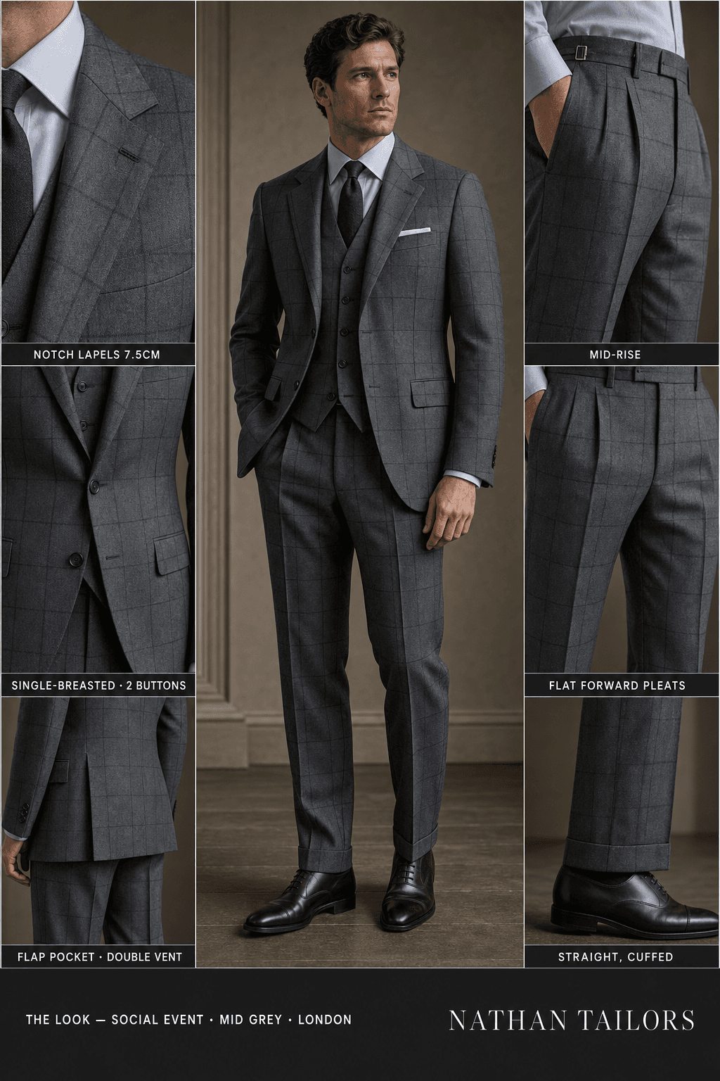 mid grey single-breasted notch-lapel online custom suit — designed online at RemoteSuit. Made-to-measure online custom suit available from $129.