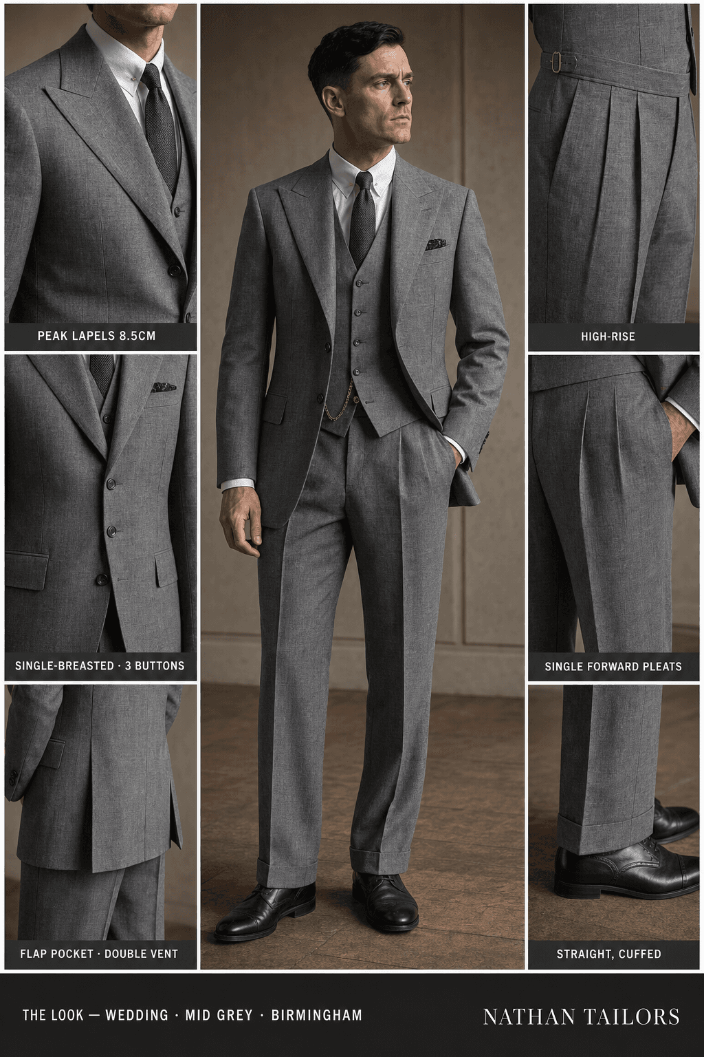 mid grey single-breasted peak-lapel online custom suit — designed online at RemoteSuit. Made-to-measure online custom suit available from $129.