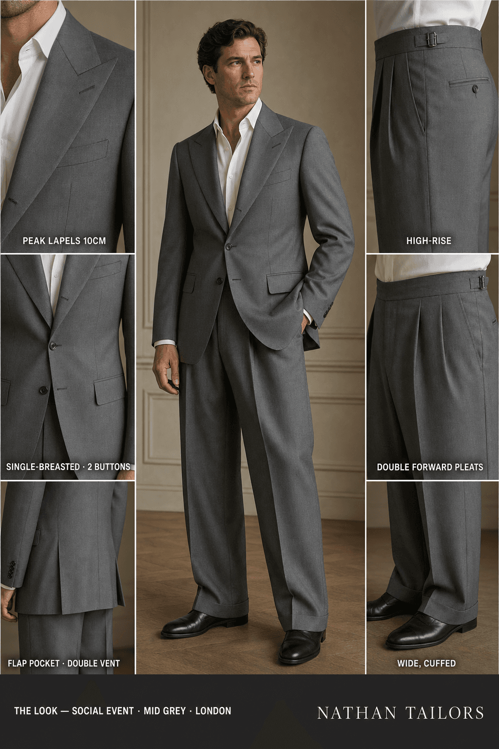 mid grey single-breasted peak-lapel online custom suit — designed online at RemoteSuit. Made-to-measure online custom suit available from $129.