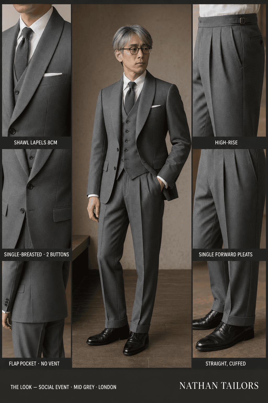 mid grey single-breasted shawl-lapel online custom suit — designed online at RemoteSuit. Made-to-measure online custom suit available from $109.