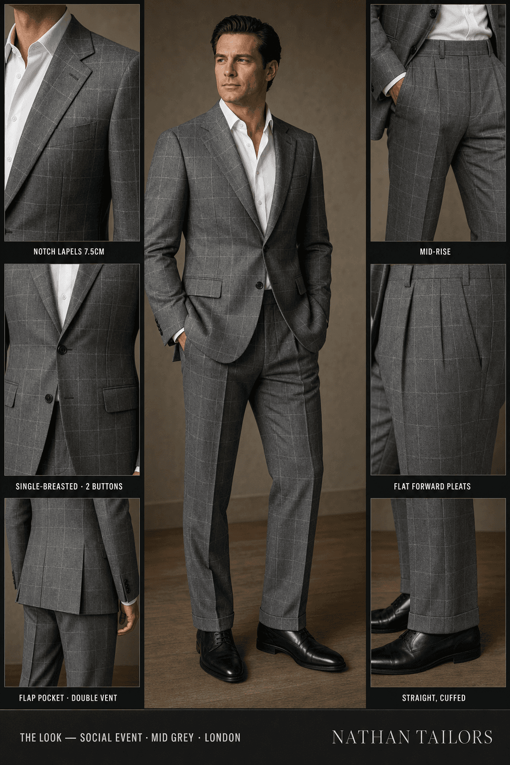 mid grey windowpane single-breasted notch-lapel online custom suit — designed online at RemoteSuit. Made-to-measure online custom suit available from $129.