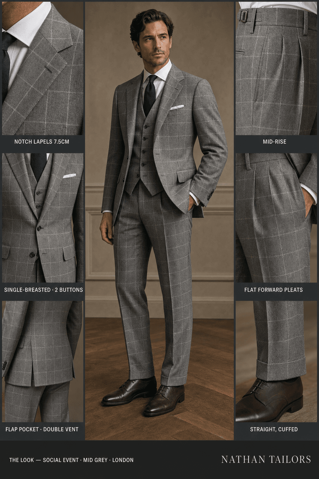 mid grey windowpane single-breasted notch-lapel online custom suit — designed online at RemoteSuit. Made-to-measure online custom suit available from $129.