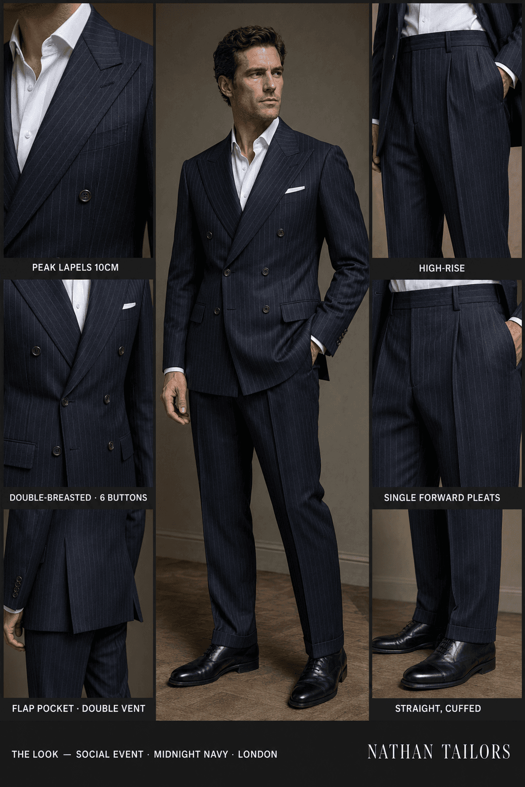 midnight navy chalk stripe double-breasted peak-lapel online custom suit — designed online at RemoteSuit. Made-to-measure online custom suit available from $129.