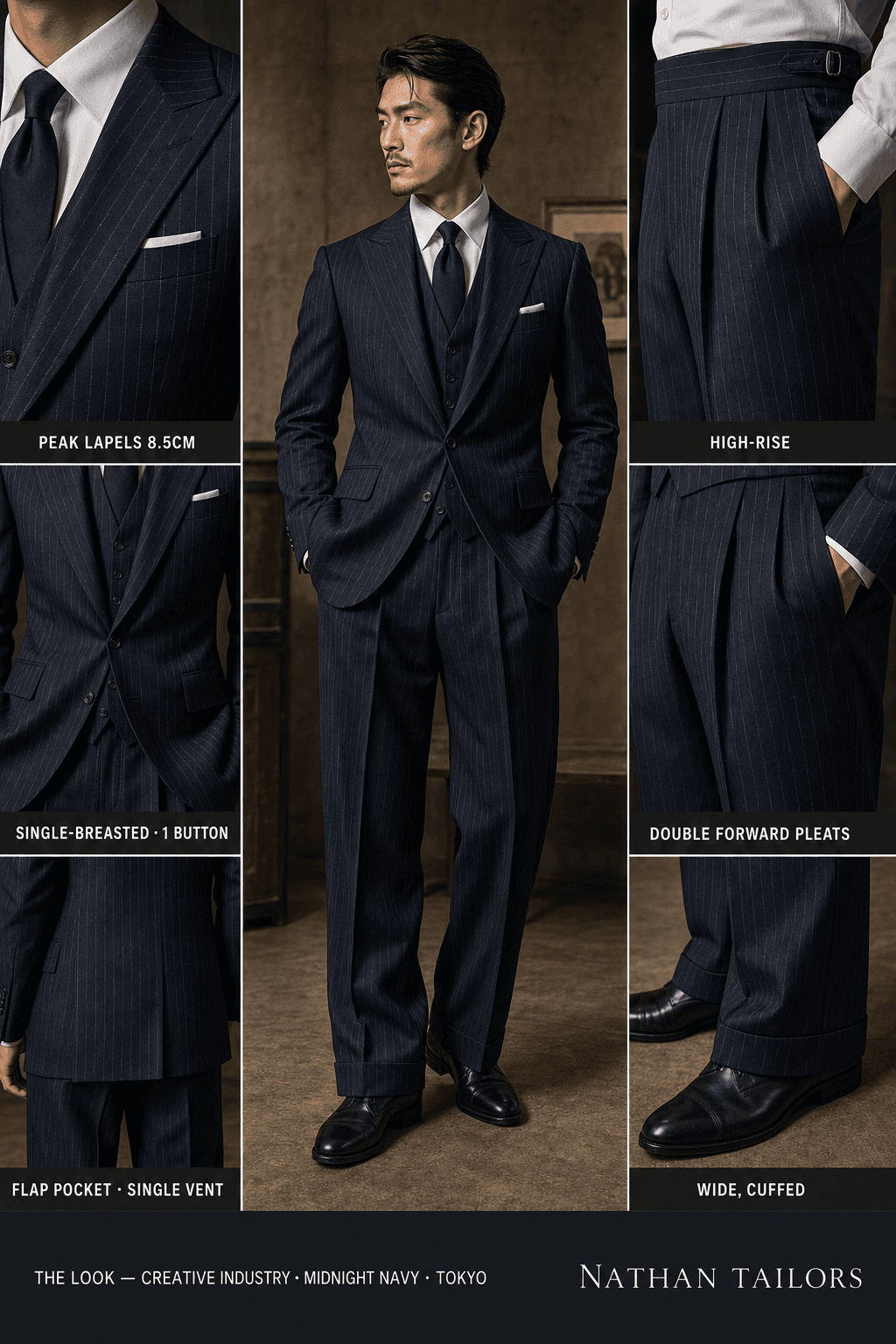 midnight navy chalk stripe single-breasted peak-lapel online custom suit — designed online at RemoteSuit. Made-to-measure online custom suit available from $149.