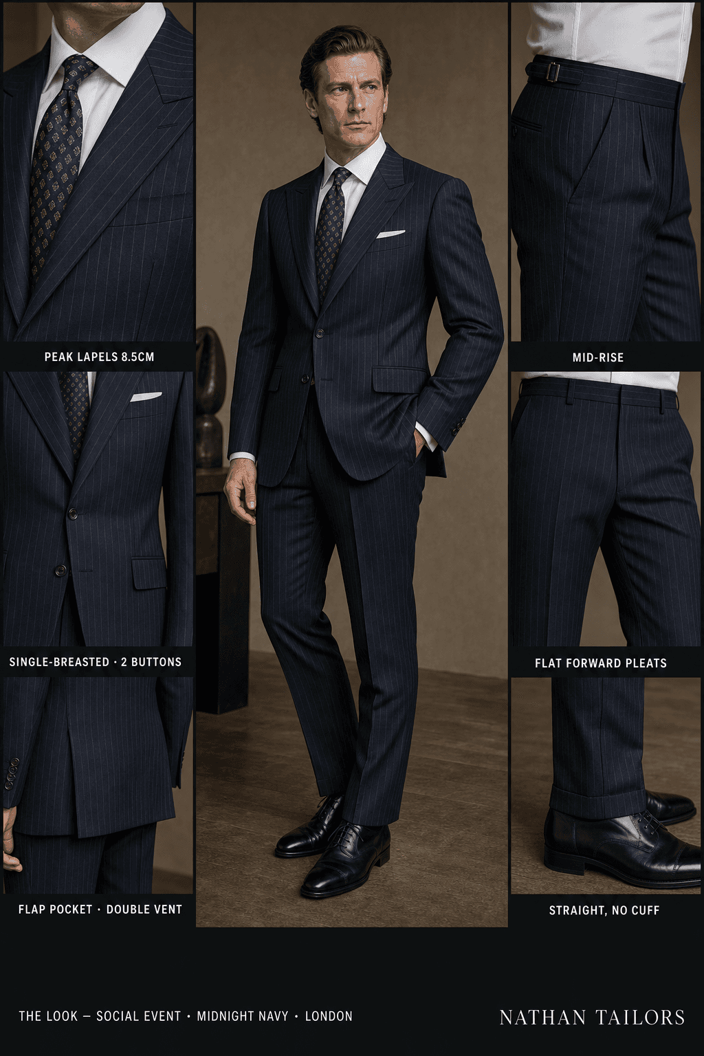 midnight navy chalk stripe single-breasted peak-lapel online custom suit — designed online at RemoteSuit. Made-to-measure online custom suit available from $129.