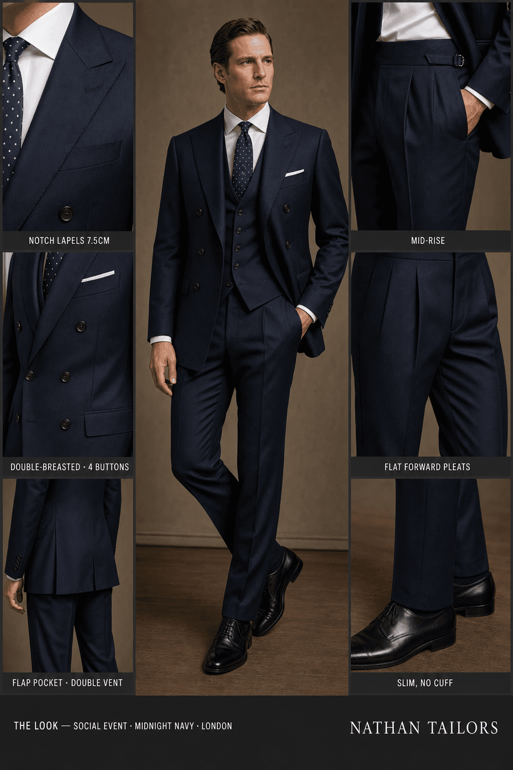 midnight navy double-breasted notch-lapel online custom suit — designed online at RemoteSuit. Made-to-measure online custom suit available from $149.
