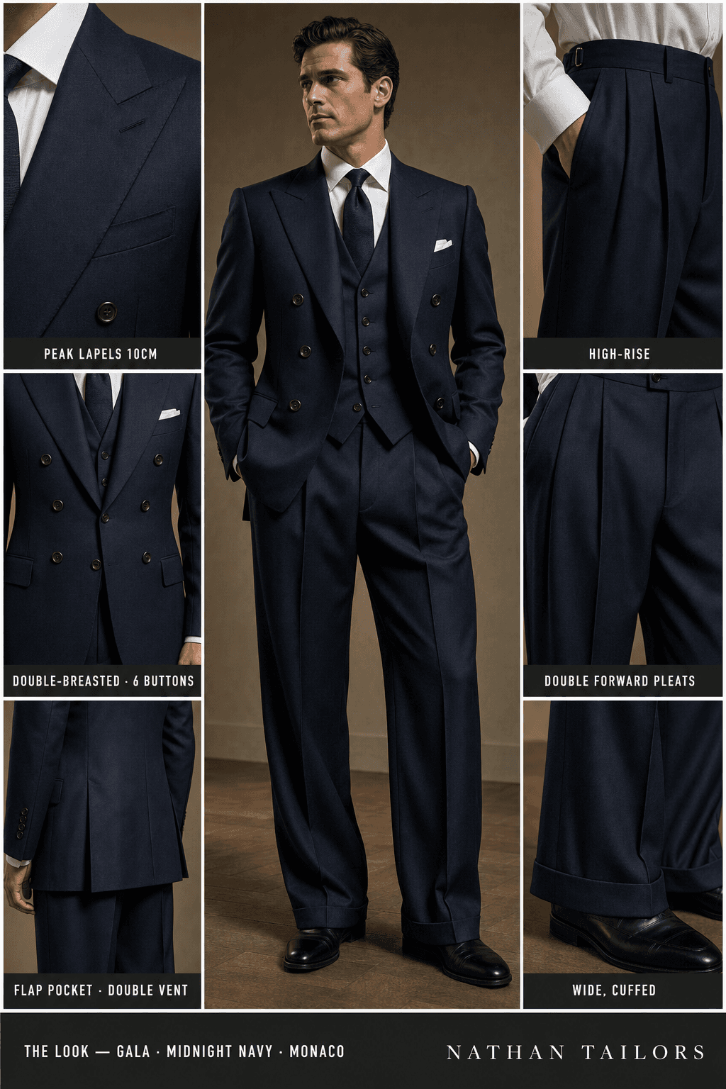 midnight navy double-breasted peak-lapel online custom suit — designed online at RemoteSuit. Made-to-measure online custom suit available from $129.