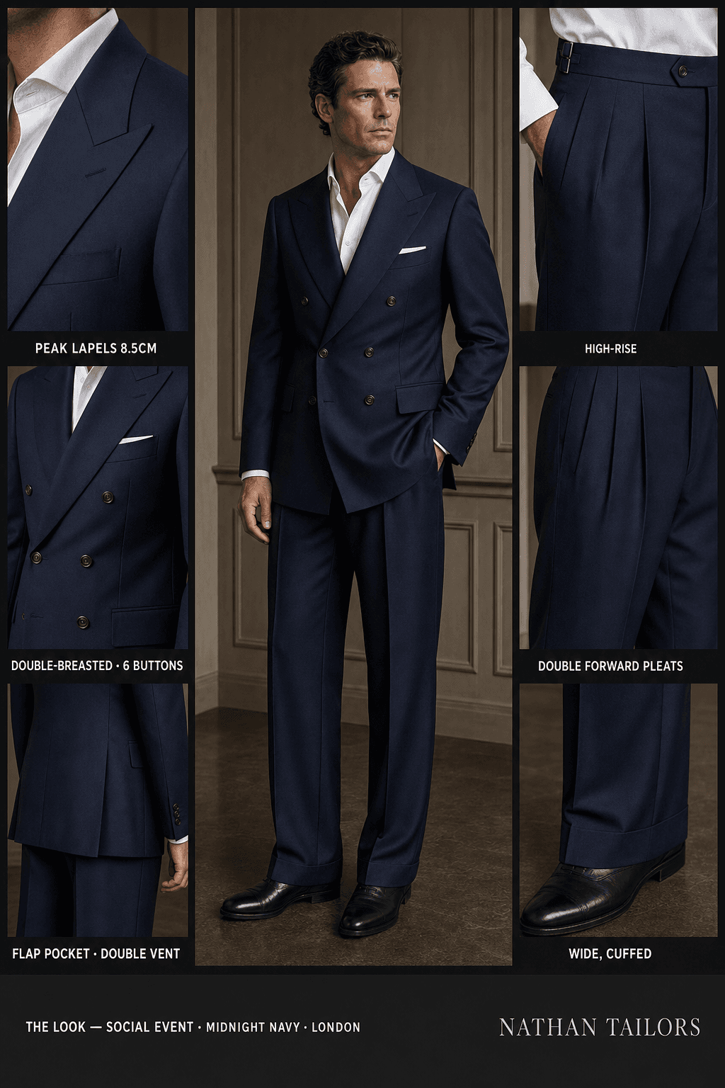 midnight navy double-breasted peak-lapel online custom suit — designed online at RemoteSuit. Made-to-measure online custom suit available from $129.