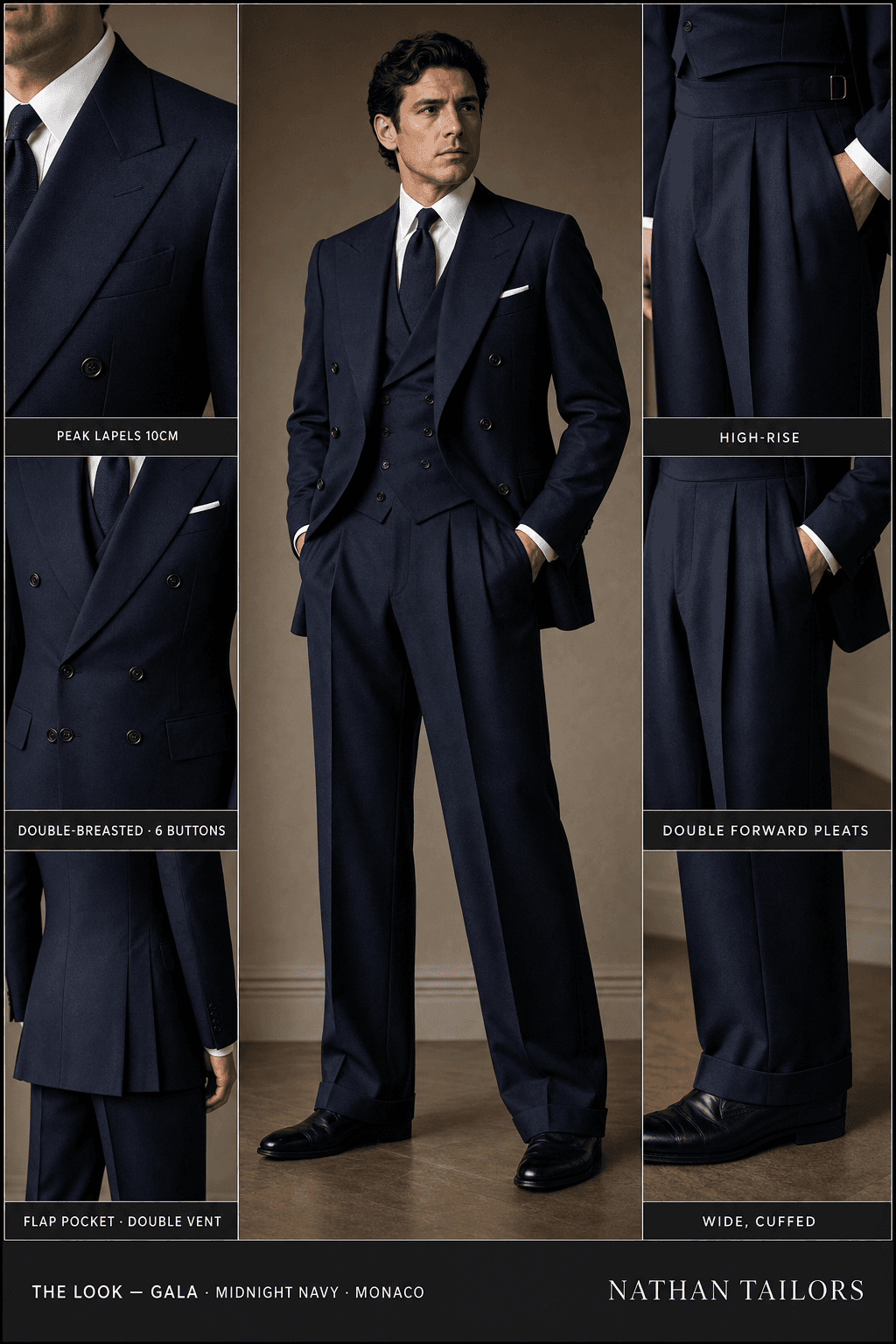 midnight navy double-breasted peak-lapel online custom suit — designed online at RemoteSuit. Made-to-measure online custom suit available from $129.