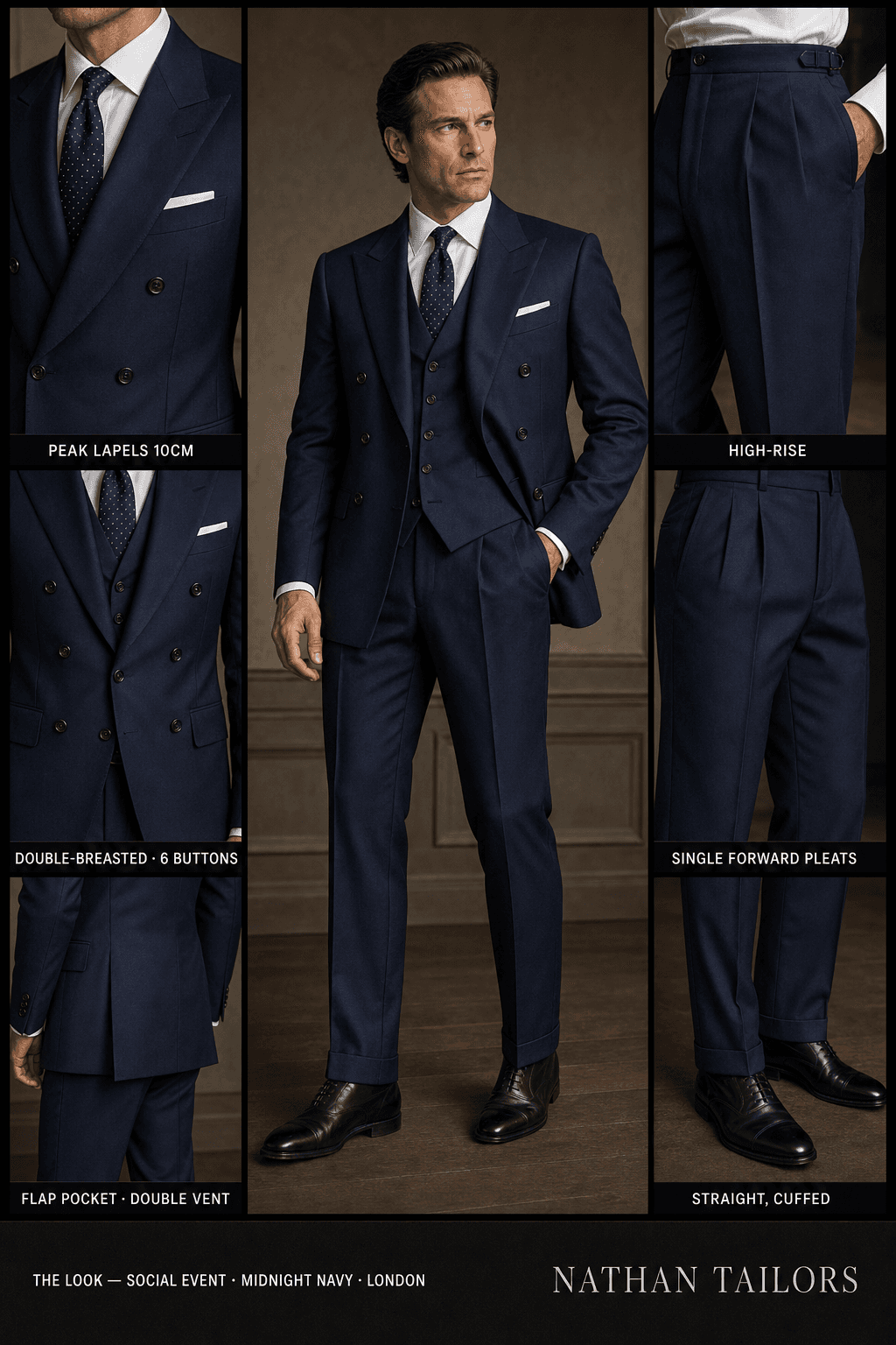 midnight navy double-breasted peak-lapel online custom suit — designed online at RemoteSuit. Made-to-measure online custom suit available from $129.