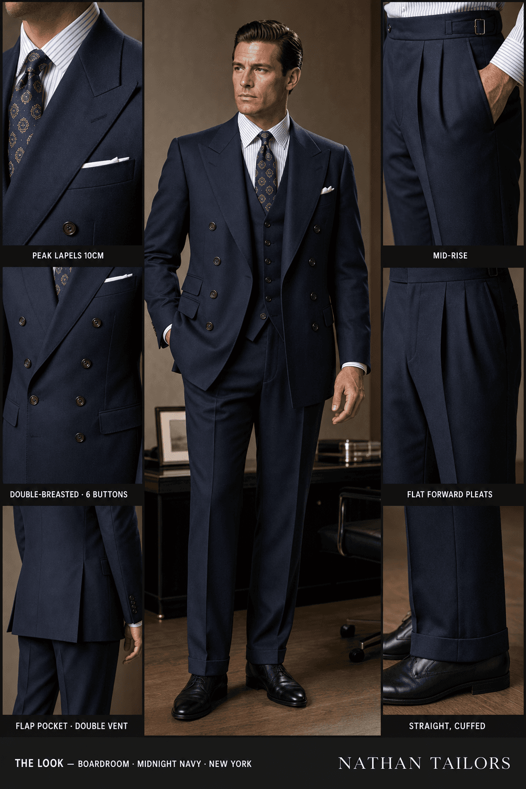 midnight navy double-breasted peak-lapel online custom suit — designed online at RemoteSuit. Made-to-measure online custom suit available from $129.