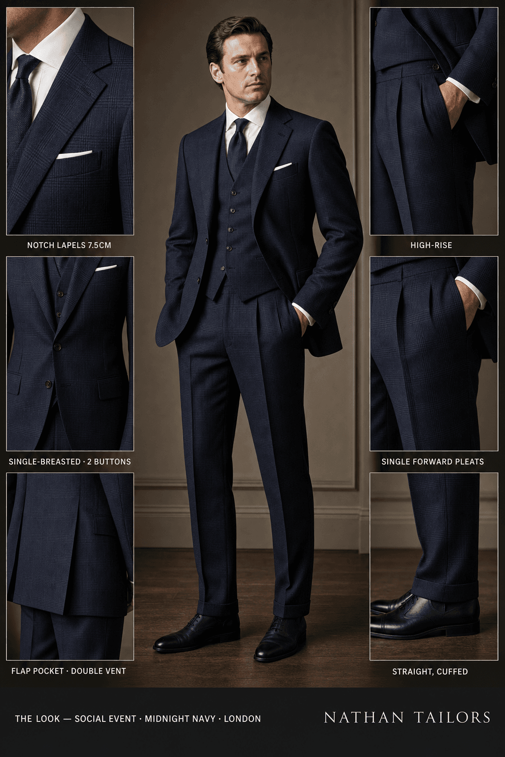 midnight navy glen plaid single-breasted notch-lapel online custom suit — designed online at RemoteSuit. Made-to-measure online custom suit available from $129.
