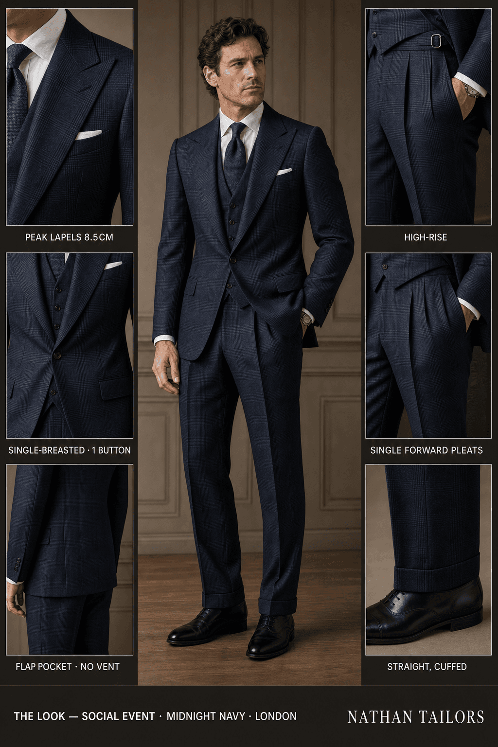 midnight navy glen plaid single-breasted peak-lapel online custom suit — designed online at RemoteSuit. Made-to-measure online custom suit available from $129.