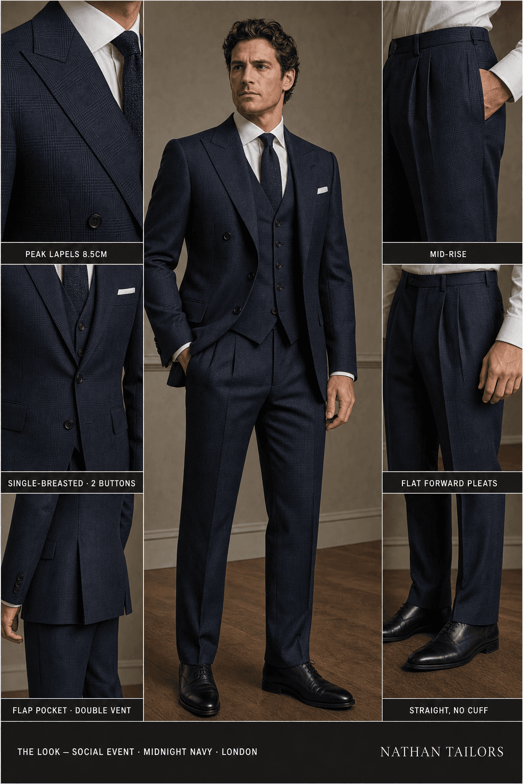 midnight navy glen plaid single-breasted peak-lapel online custom suit — designed online at RemoteSuit. Made-to-measure online custom suit available from $129.