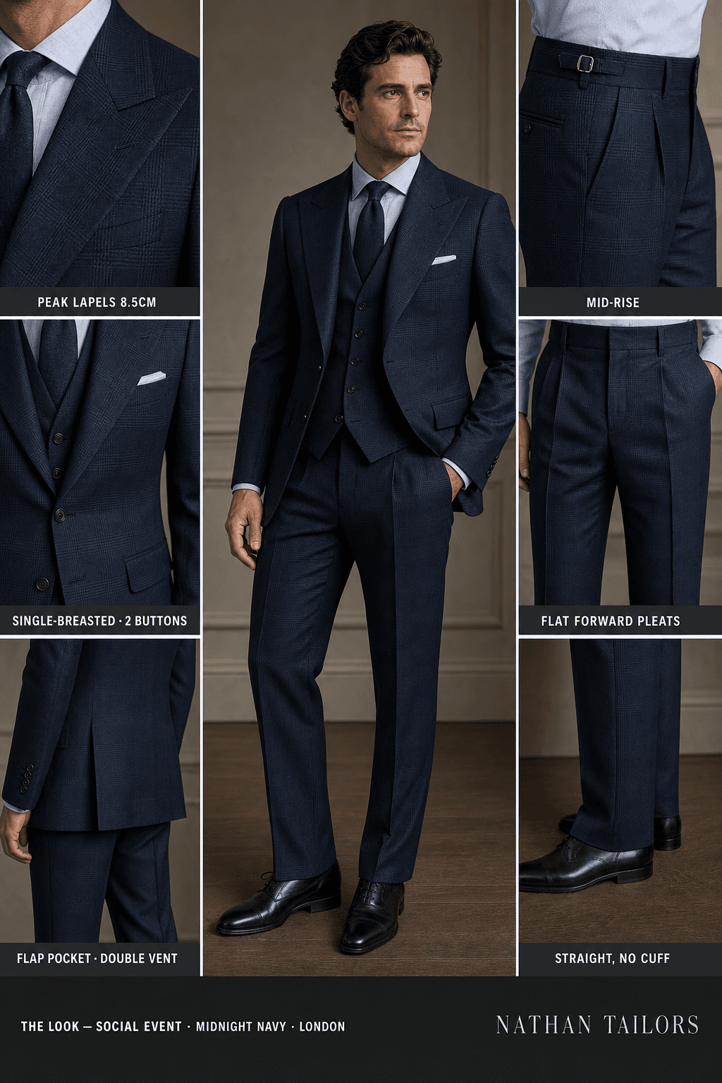 midnight navy glen plaid single-breasted peak-lapel online custom suit — designed online at RemoteSuit. Made-to-measure online custom suit available from $129.