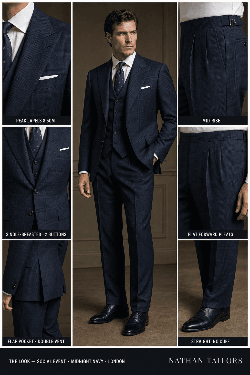 midnight navy glen plaid single-breasted peak-lapel online custom suit — designed online at RemoteSuit. Made-to-measure online custom suit available from $129.
