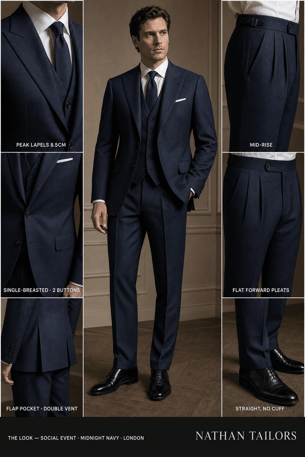 midnight navy glen plaid single-breasted peak-lapel online custom suit — designed online at RemoteSuit. Made-to-measure online custom suit available from $129.