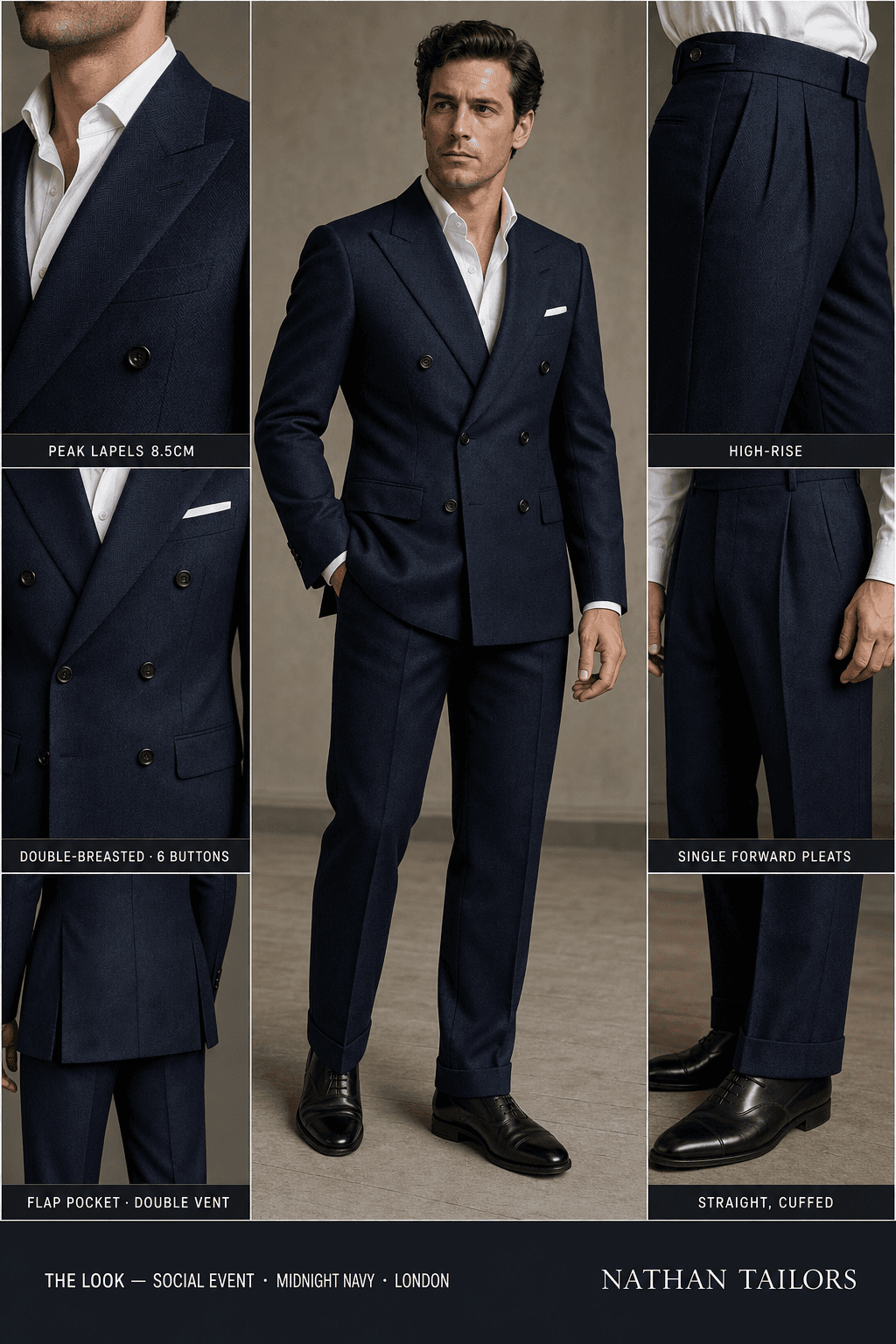 midnight navy herringbone double-breasted peak-lapel online custom suit — designed online at RemoteSuit. Made-to-measure online custom suit available from $129.