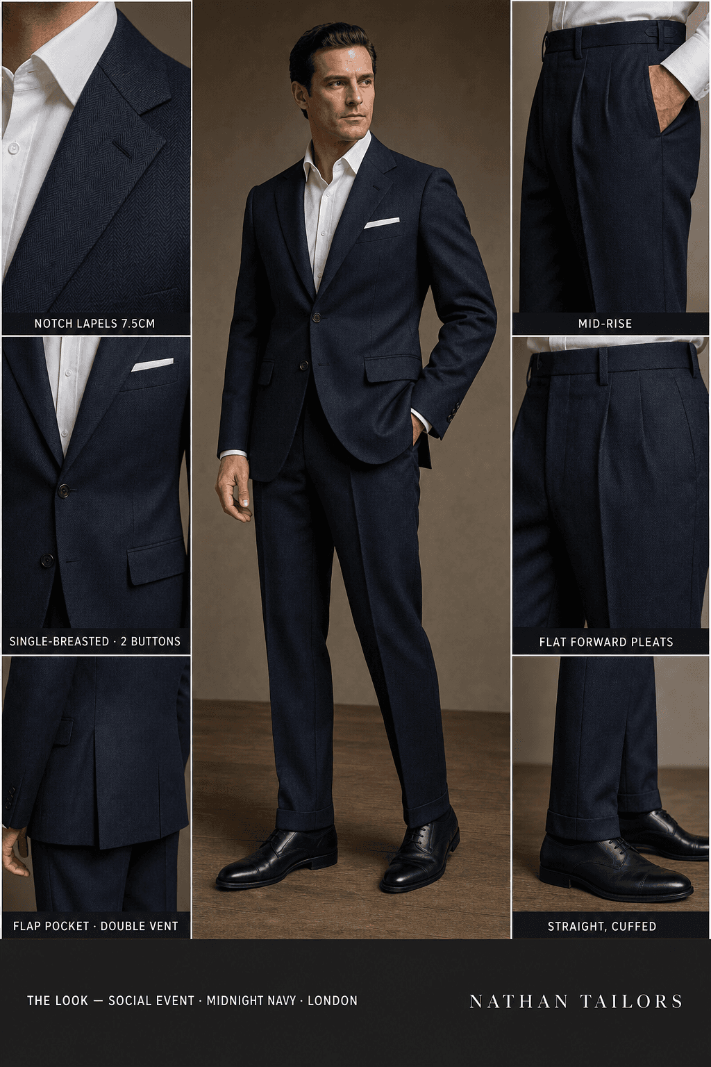 midnight navy herringbone single-breasted notch-lapel online custom suit — designed online at RemoteSuit. Made-to-measure online custom suit available from $129.