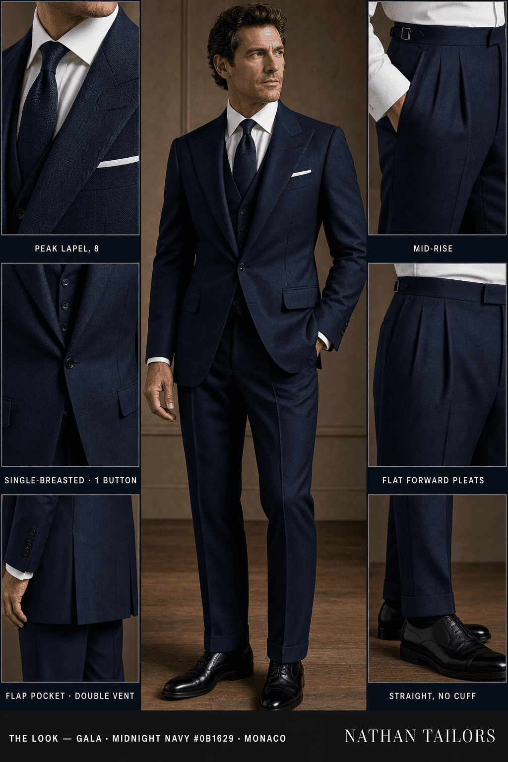 Midnight Navy #0B1629 herringbone single-breasted notch-lapel online custom suit — designed online at RemoteSuit. Made-to-measure online custom suit available from $129.