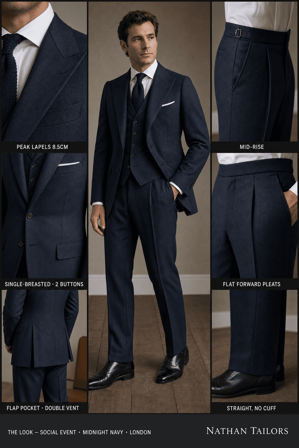 midnight navy herringbone single-breasted peak-lapel online custom suit — designed online at RemoteSuit. Made-to-measure online custom suit available from $129.
