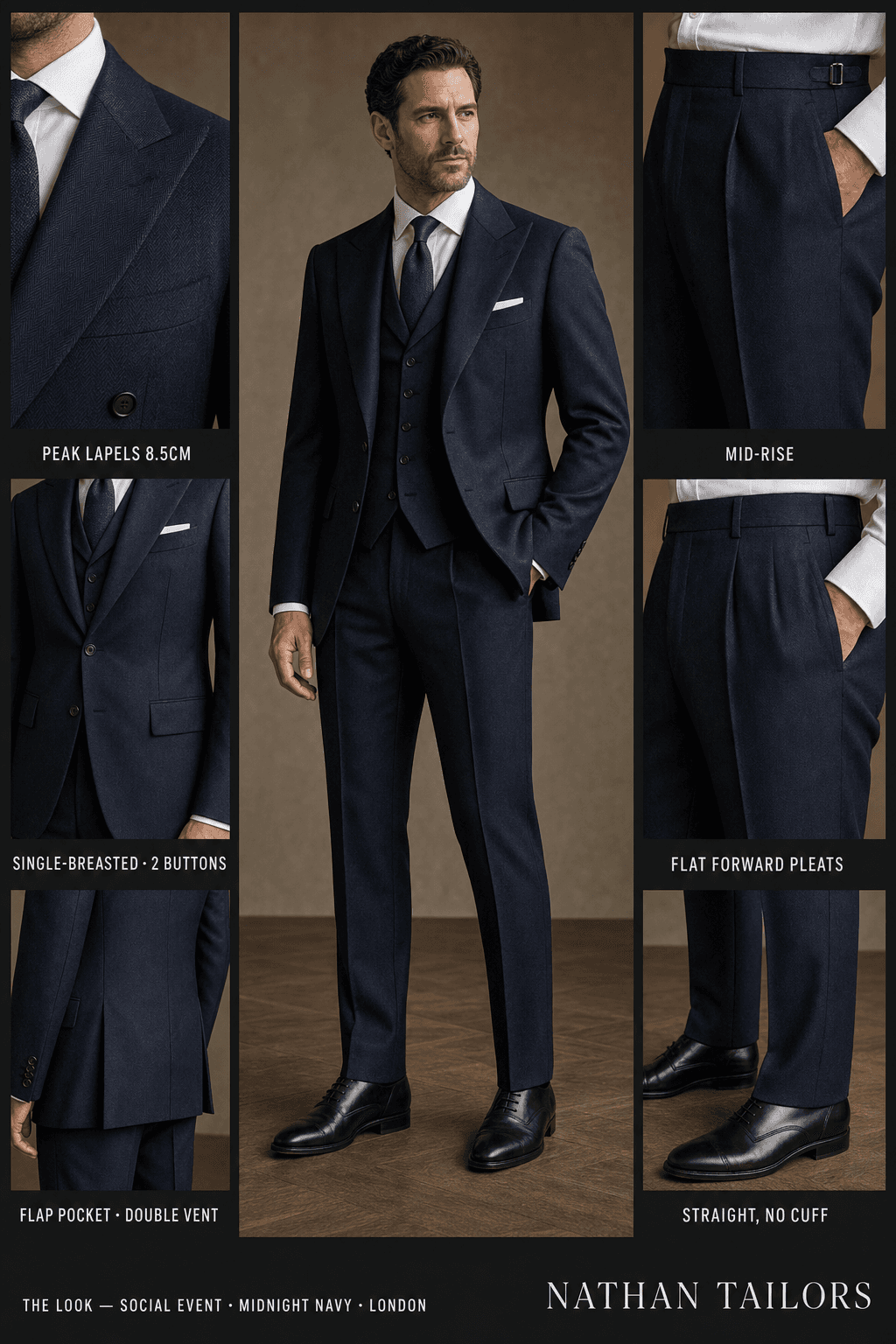 midnight navy herringbone single-breasted peak-lapel online custom suit — designed online at RemoteSuit. Made-to-measure online custom suit available from $129.