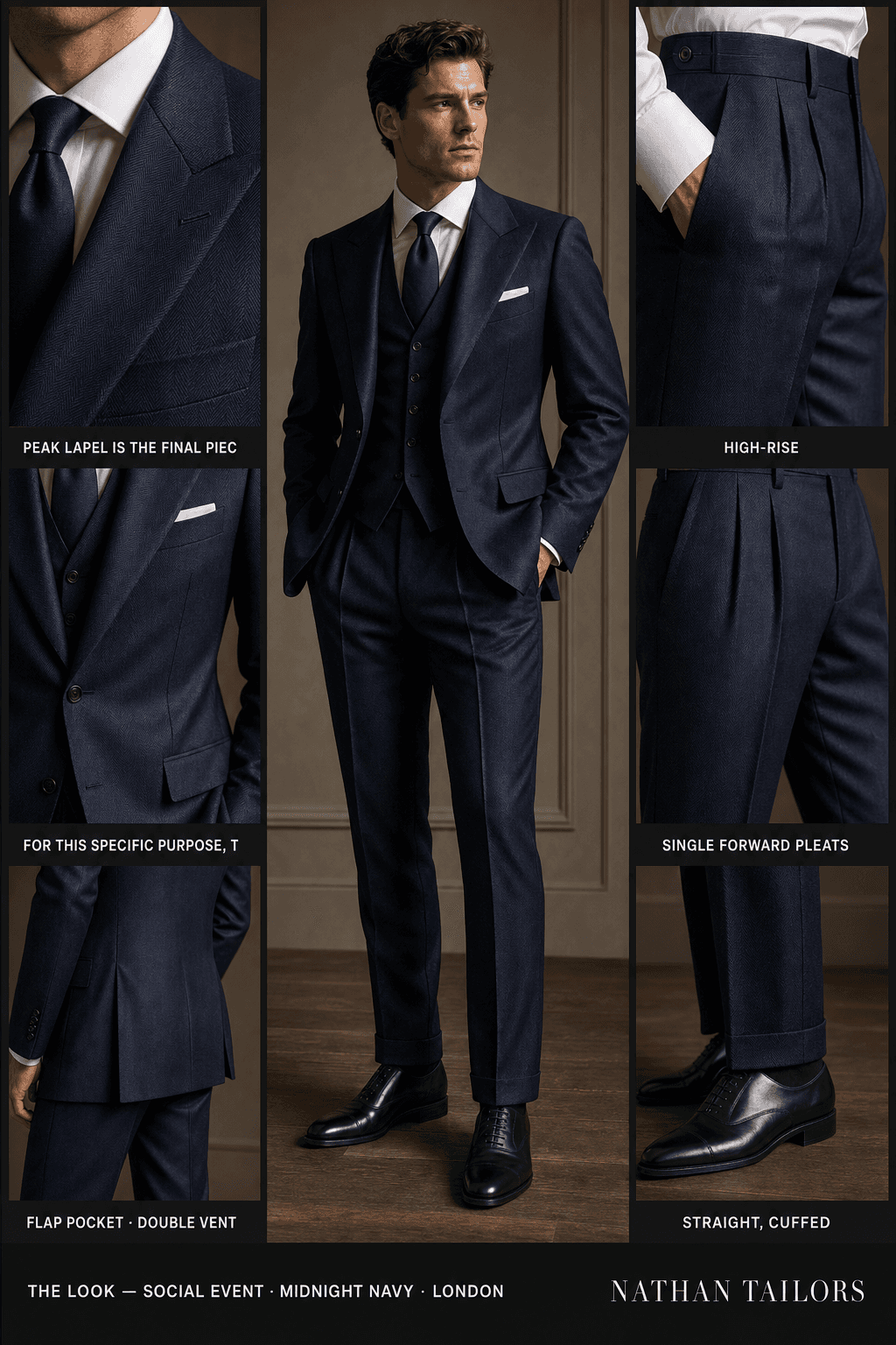 midnight navy herringbone single-breasted peak-lapel online custom suit — designed online at RemoteSuit. Made-to-measure online custom suit available from $129.
