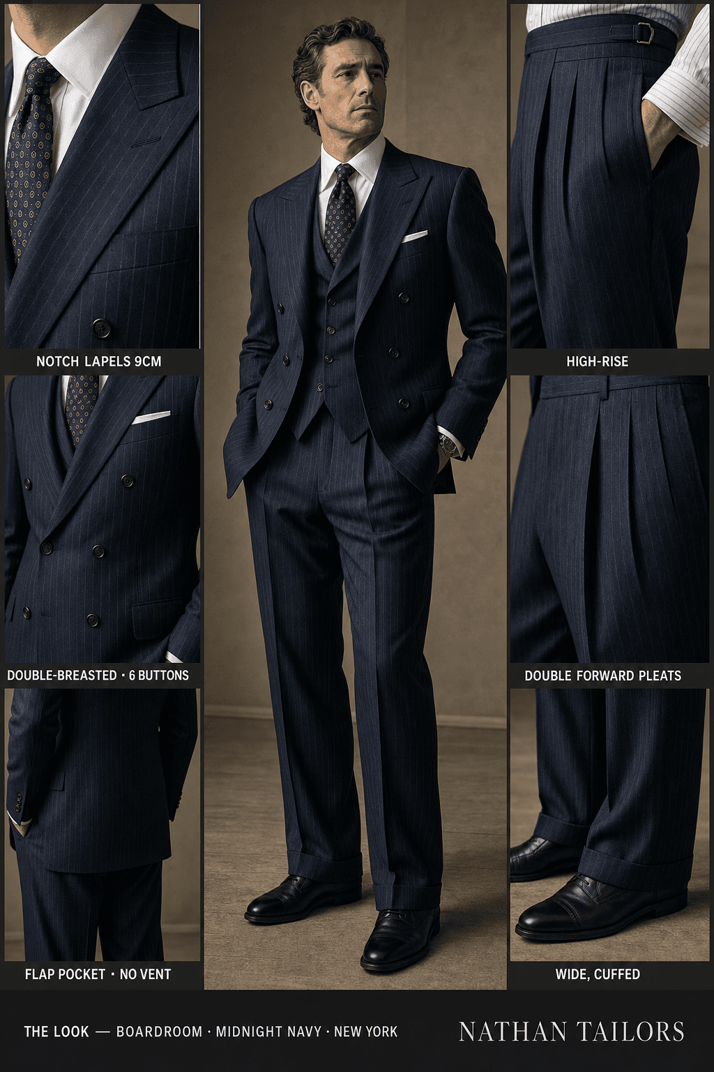 midnight navy pinstripe double-breasted notch-lapel online custom suit — designed online at RemoteSuit. Made-to-measure online custom suit available from $149.
