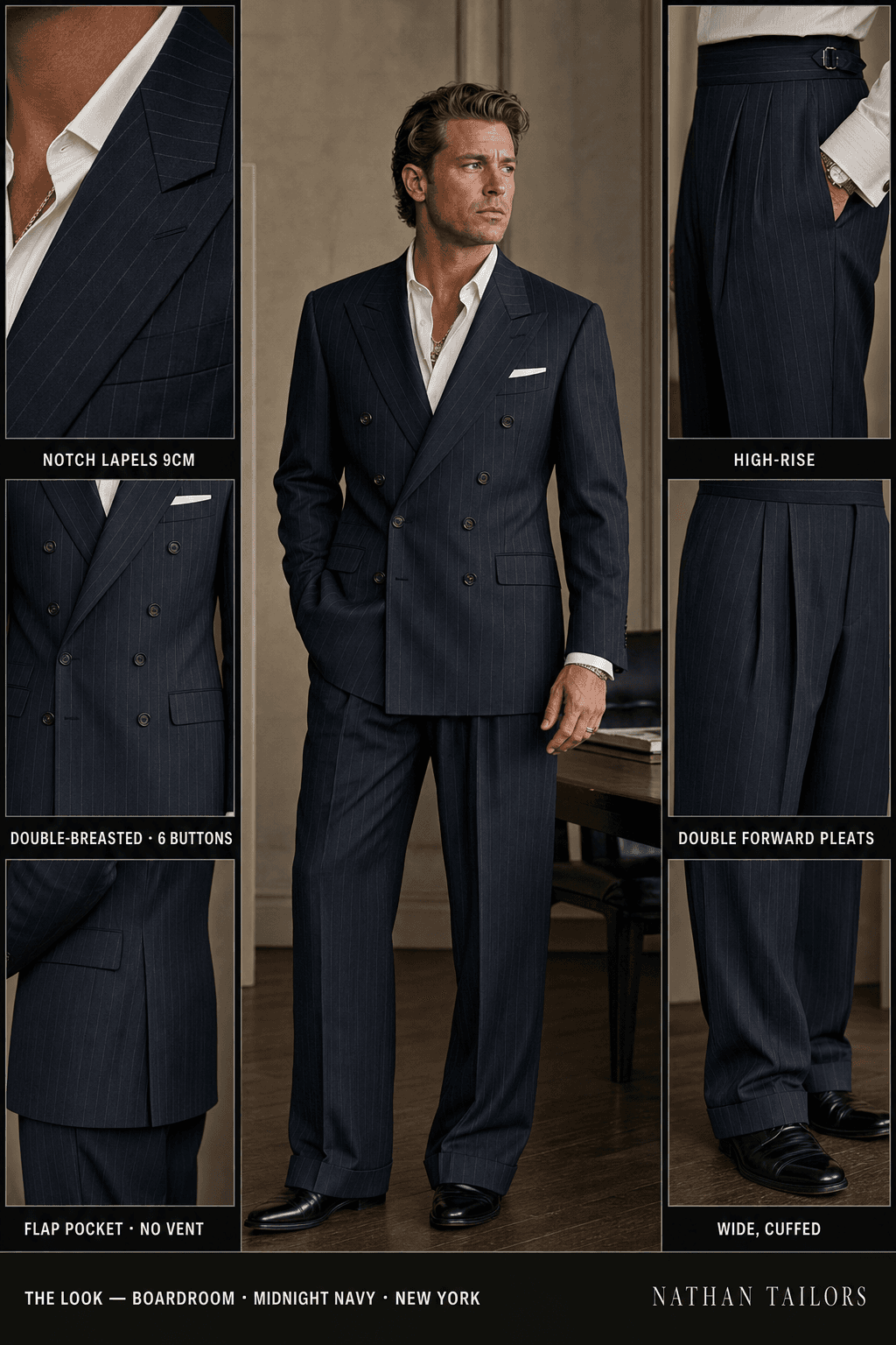 midnight navy pinstripe double-breasted notch-lapel online custom suit — designed online at RemoteSuit. Made-to-measure online custom suit available from $149.
