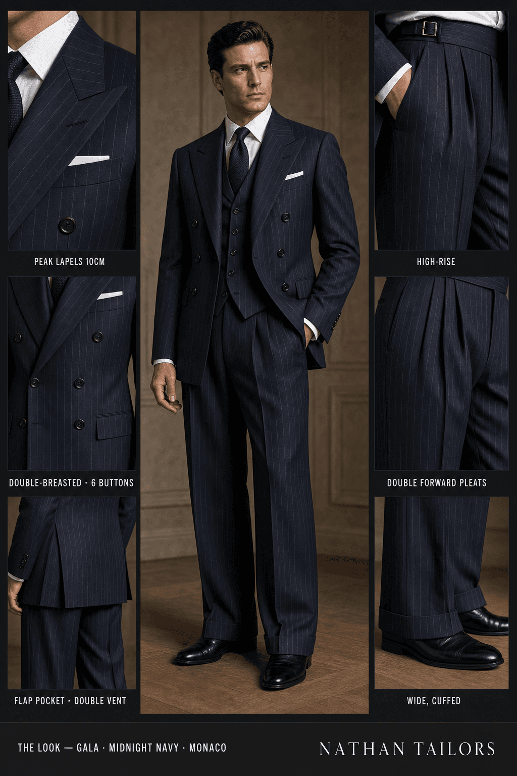 midnight navy pinstripe double-breasted peak-lapel online custom suit — designed online at RemoteSuit. Made-to-measure online custom suit available from $129.
