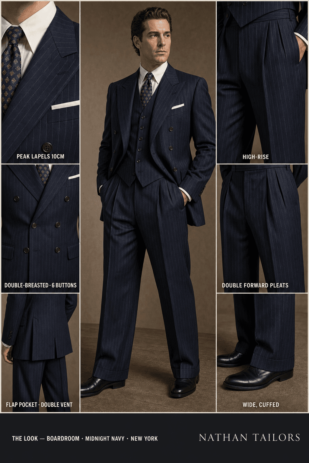 midnight navy pinstripe double-breasted peak-lapel online custom suit — designed online at RemoteSuit. Made-to-measure online custom suit available from $129.