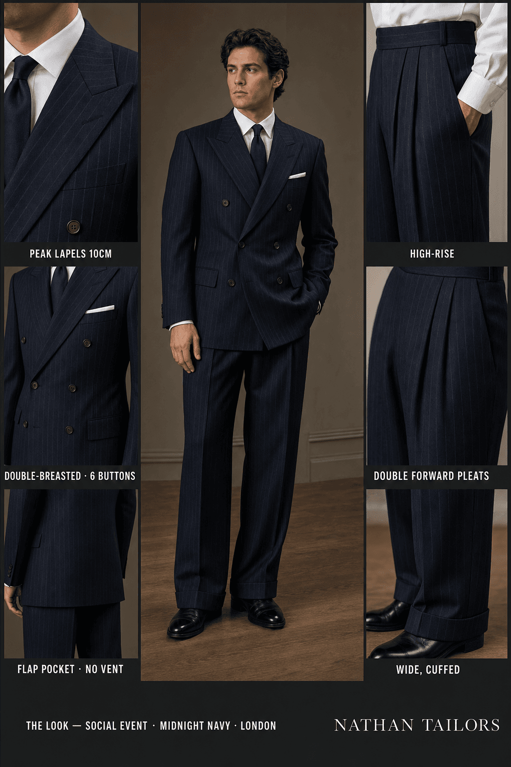 midnight navy pinstripe double-breasted peak-lapel online custom suit — designed online at RemoteSuit. Made-to-measure online custom suit available from $129.
