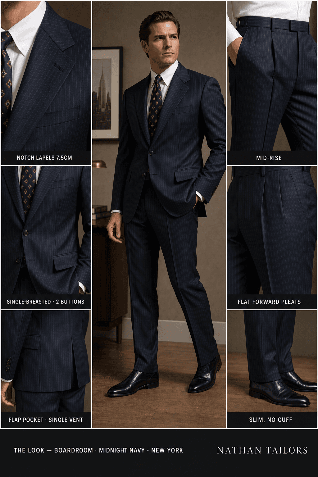 midnight navy pinstripe single-breasted notch-lapel online custom suit — designed online at RemoteSuit. Made-to-measure online custom suit available from $109.