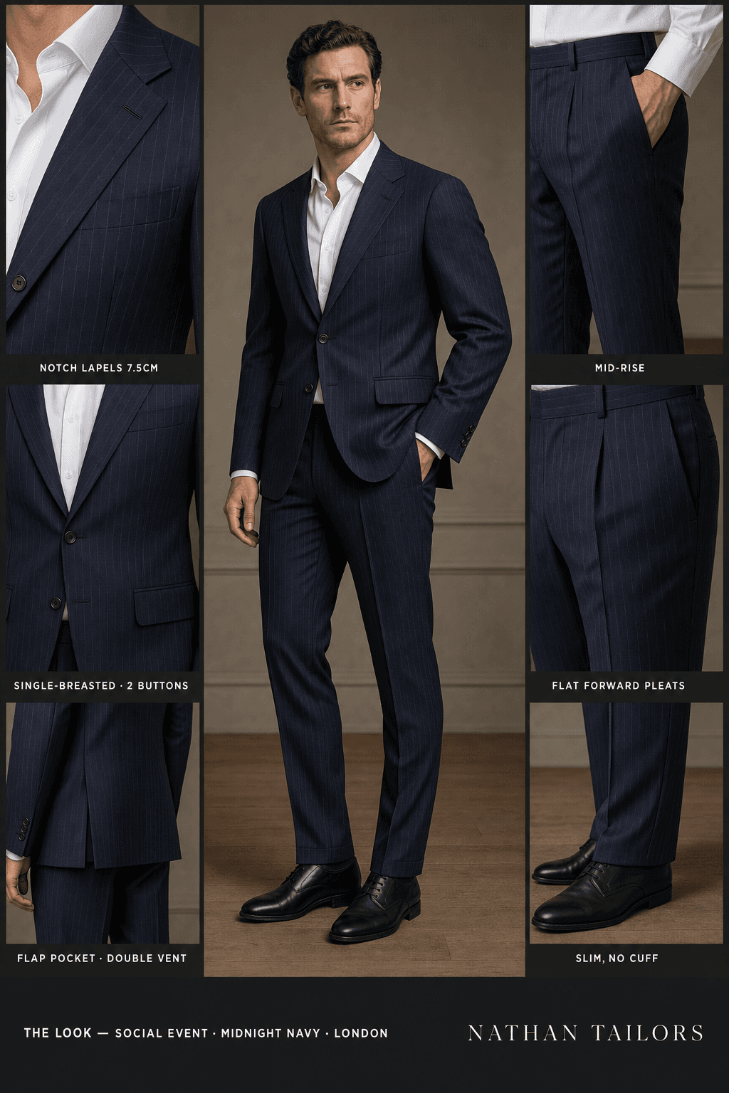 midnight navy pinstripe single-breasted notch-lapel online custom suit — designed online at RemoteSuit. Made-to-measure online custom suit available from $129.