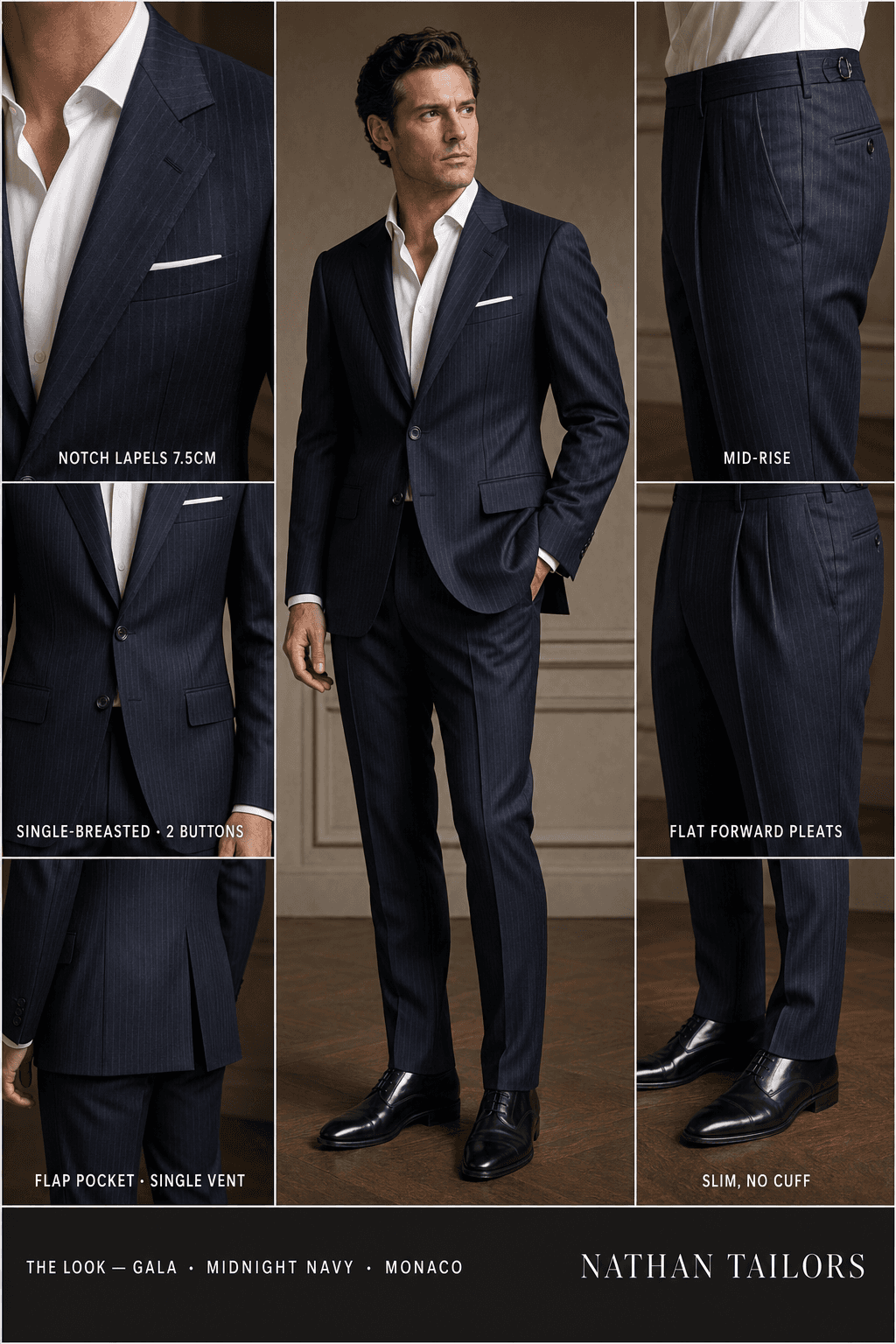 midnight navy pinstripe single-breasted notch-lapel online custom suit — designed online at RemoteSuit. Made-to-measure online custom suit available from $109.