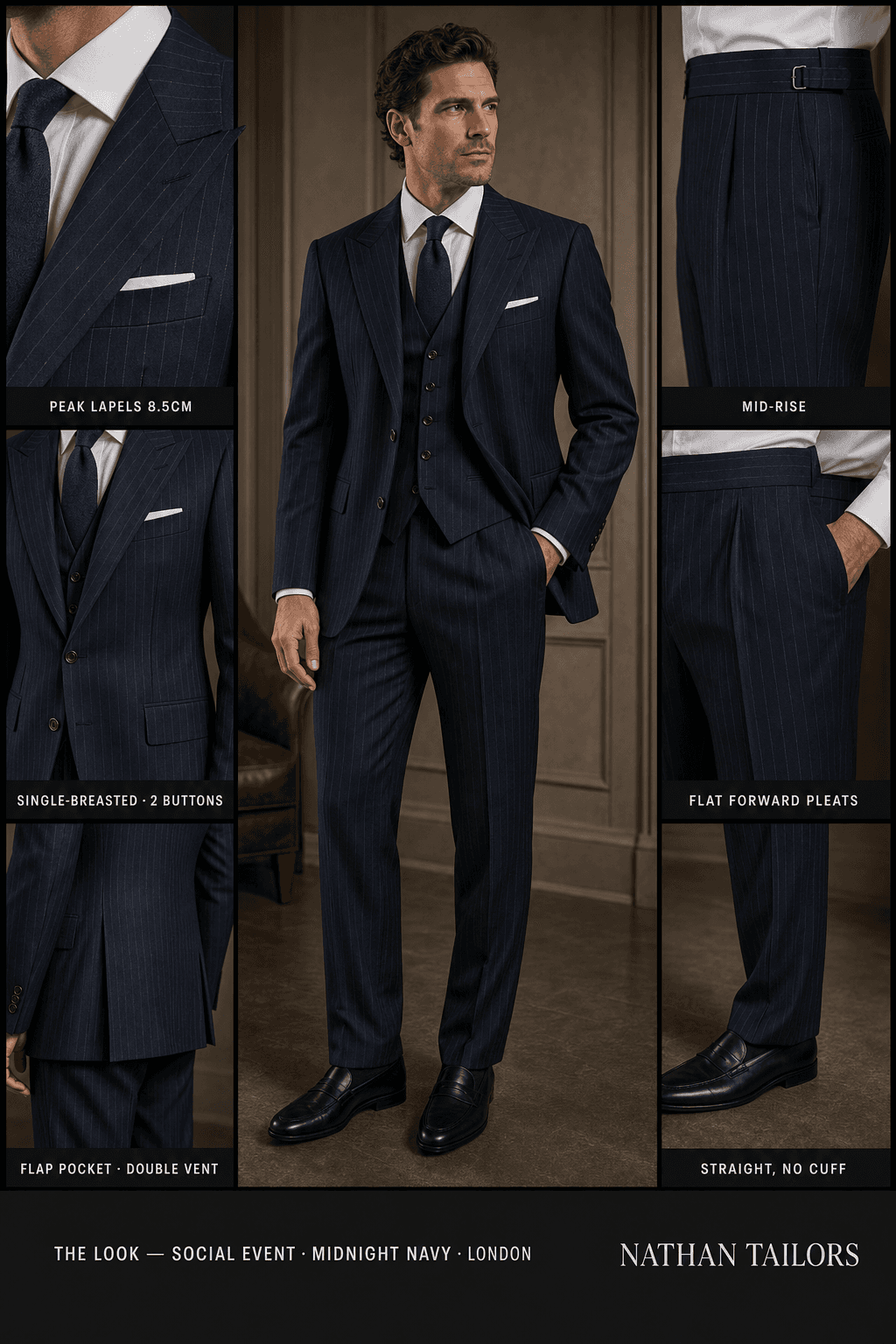 midnight navy pinstripe single-breasted peak-lapel online custom suit — designed online at RemoteSuit. Made-to-measure online custom suit available from $129.