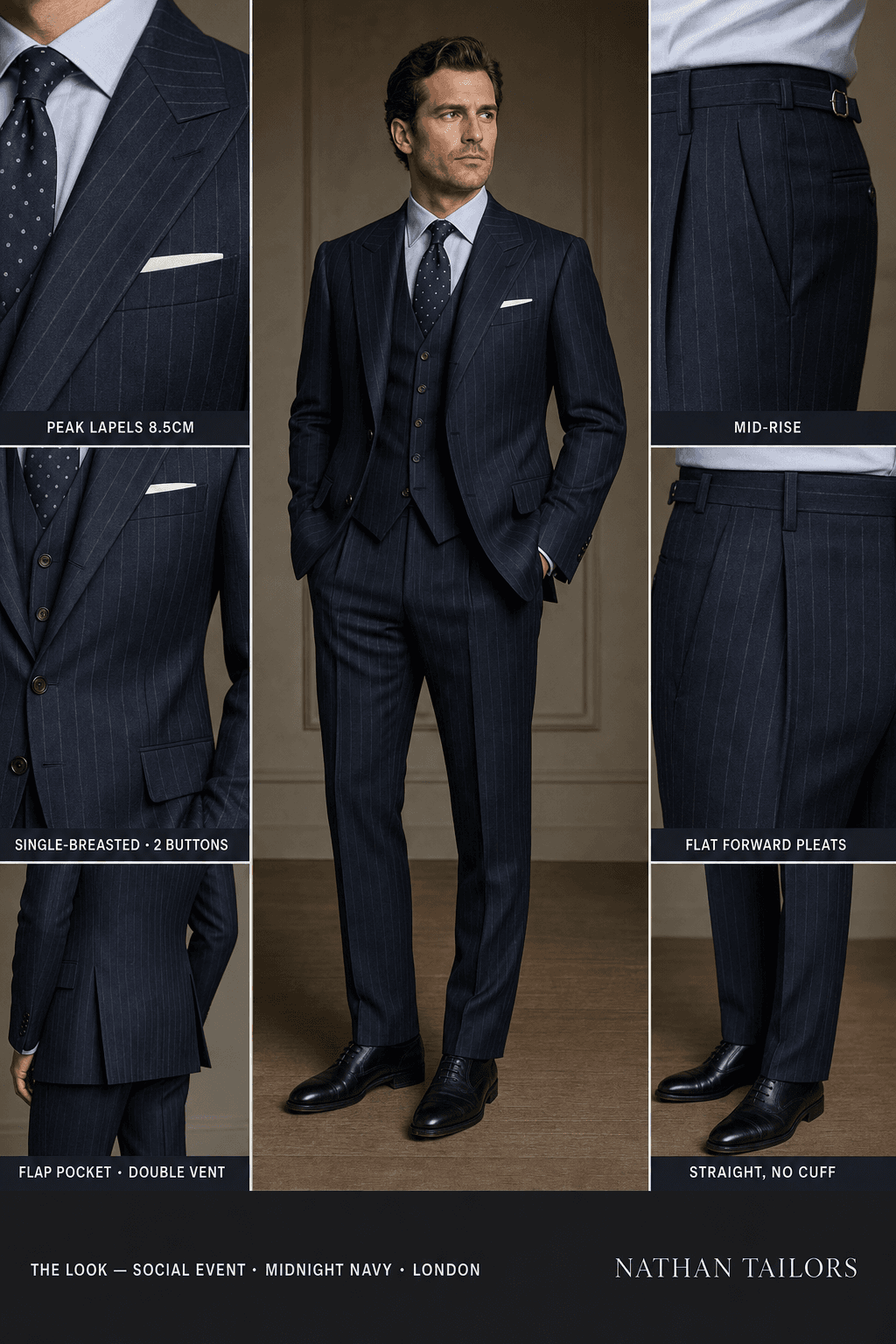 midnight navy pinstripe single-breasted peak-lapel online custom suit — designed online at RemoteSuit. Made-to-measure online custom suit available from $129.