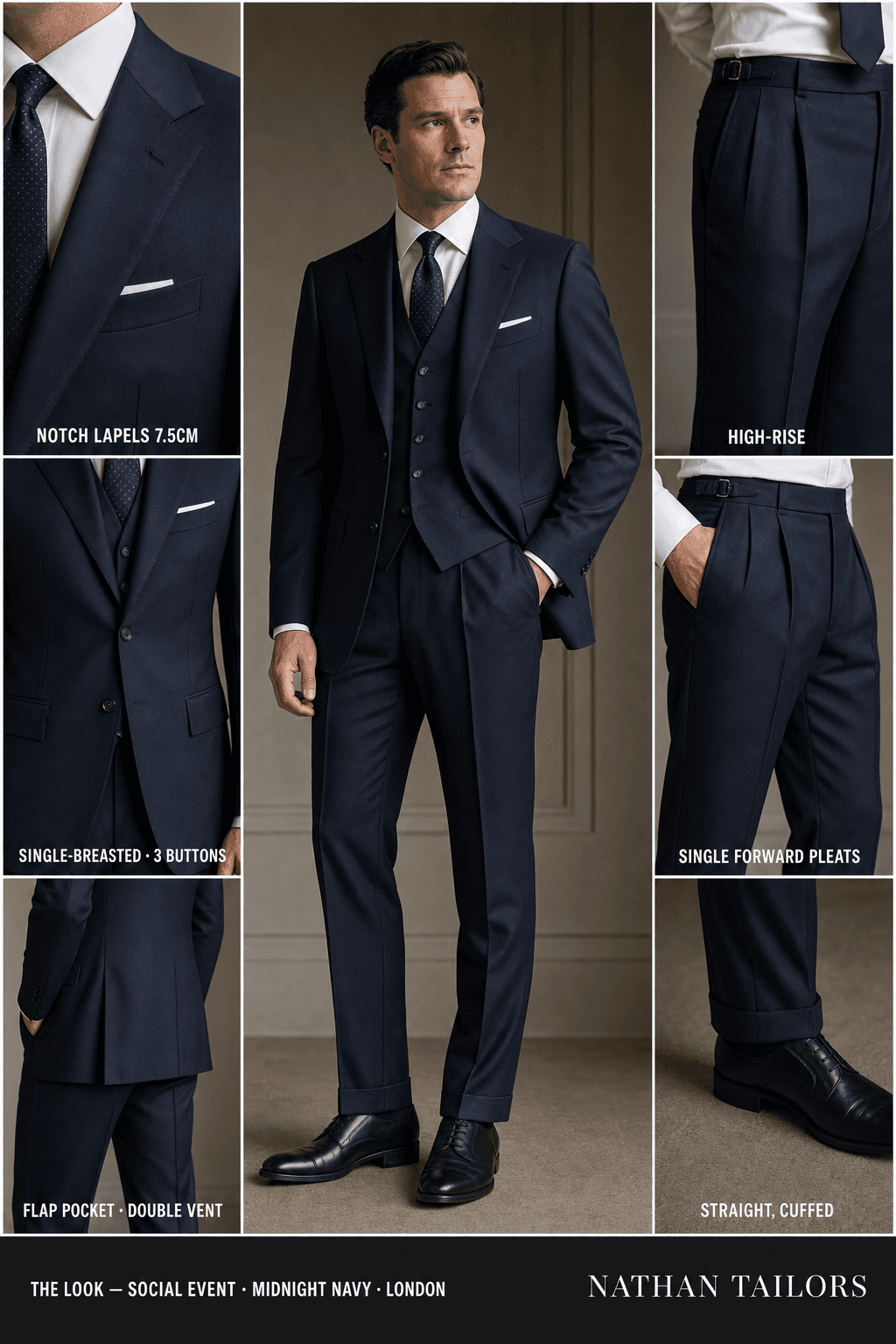 midnight navy single-breasted notch-lapel online custom suit — designed online at RemoteSuit. Made-to-measure online custom suit available from $129.
