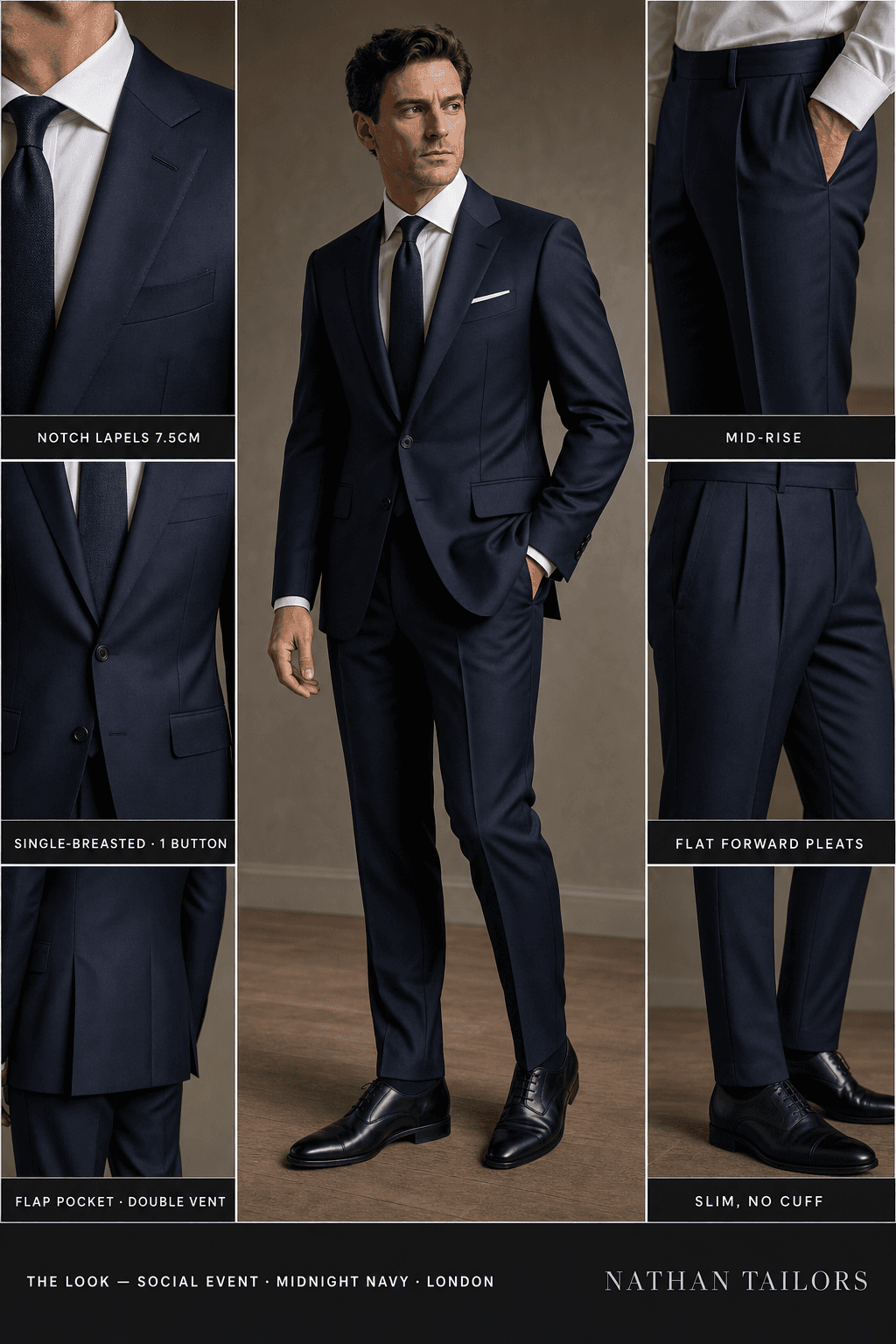 midnight navy single-breasted notch-lapel online custom suit — designed online at RemoteSuit. Made-to-measure online custom suit available from $129.
