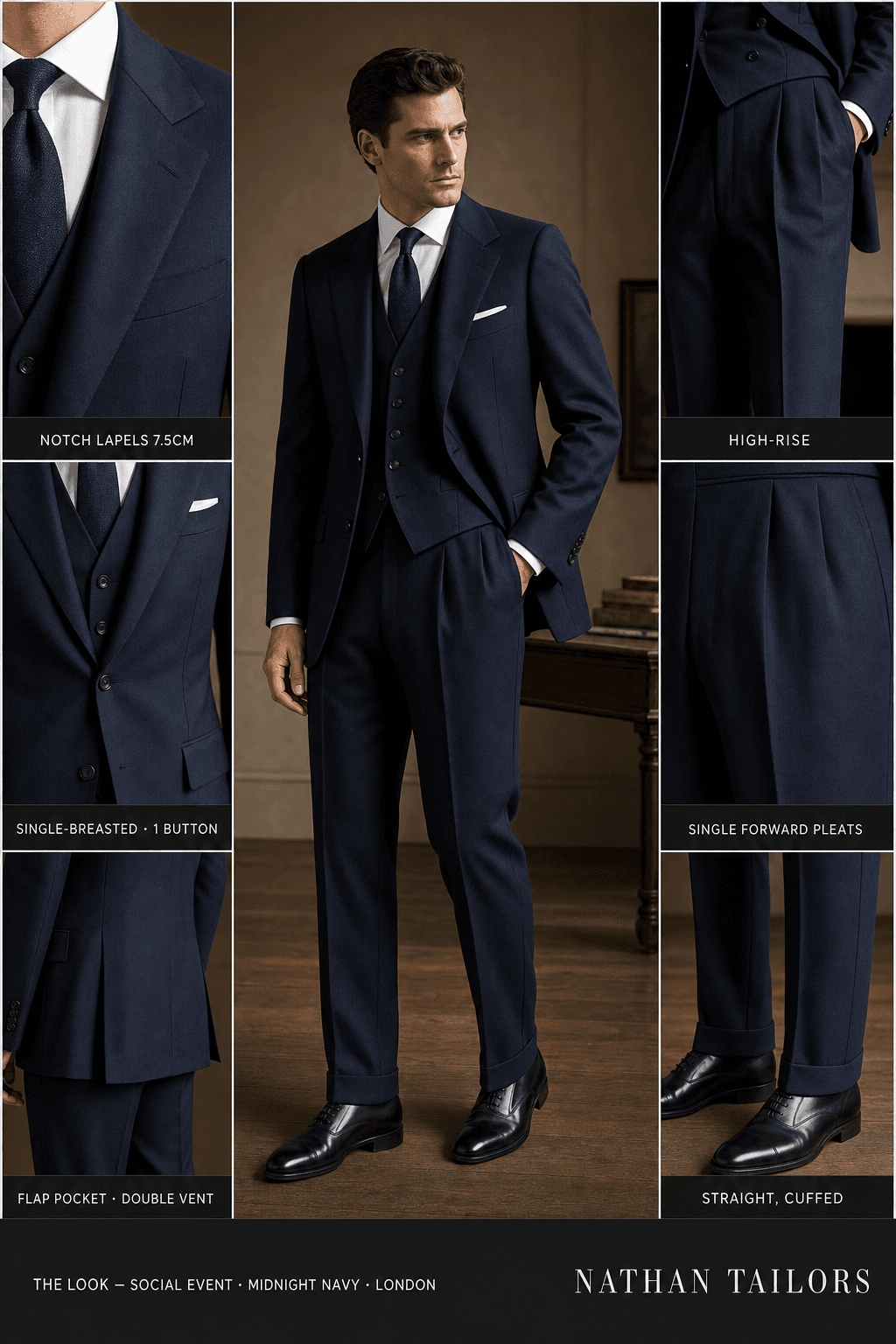 midnight navy single-breasted notch-lapel online custom suit — designed online at RemoteSuit. Made-to-measure online custom suit available from $129.