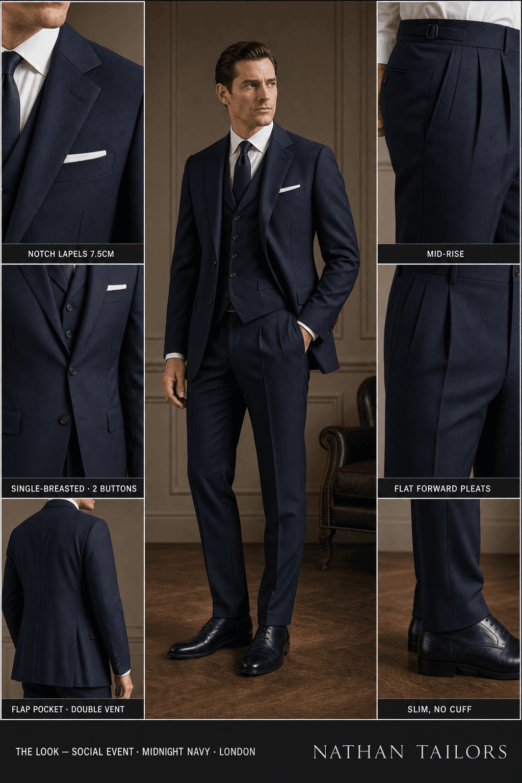 midnight navy single-breasted notch-lapel online custom suit — designed online at RemoteSuit. Made-to-measure online custom suit available from $149.