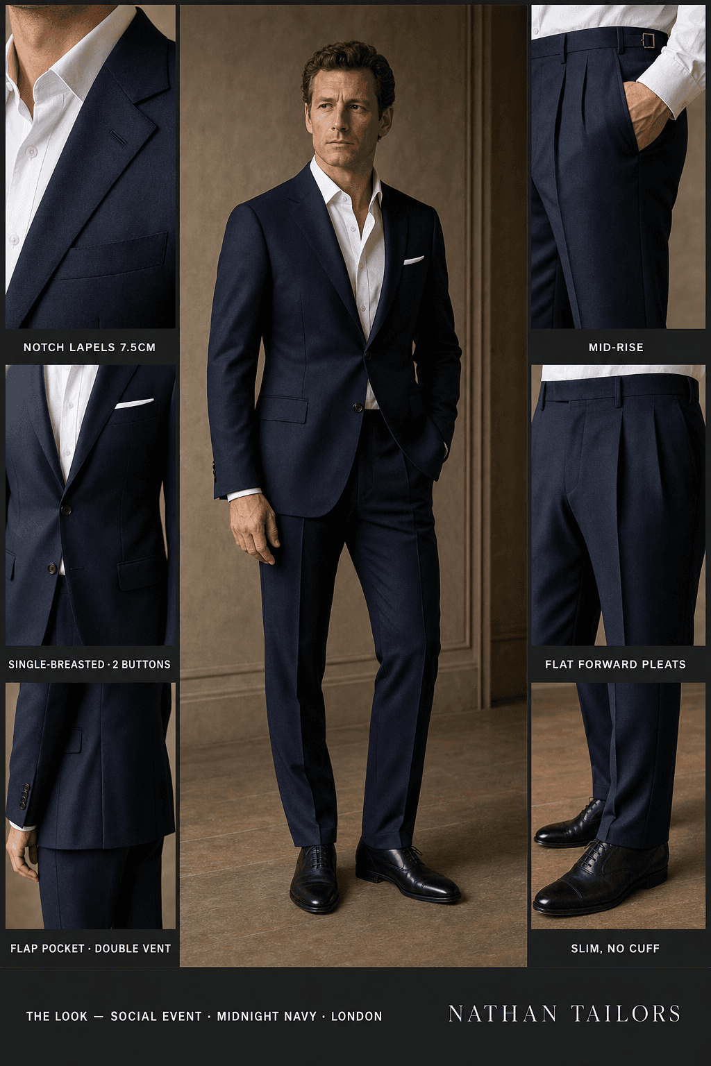 midnight navy single-breasted notch-lapel online custom suit — designed online at RemoteSuit. Made-to-measure online custom suit available from $129.