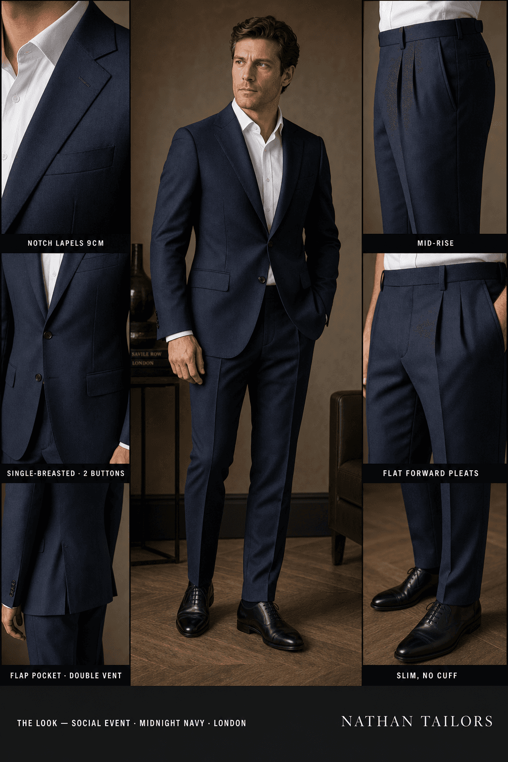 midnight navy single-breasted notch-lapel online custom suit — designed online at RemoteSuit. Made-to-measure online custom suit available from $129.
