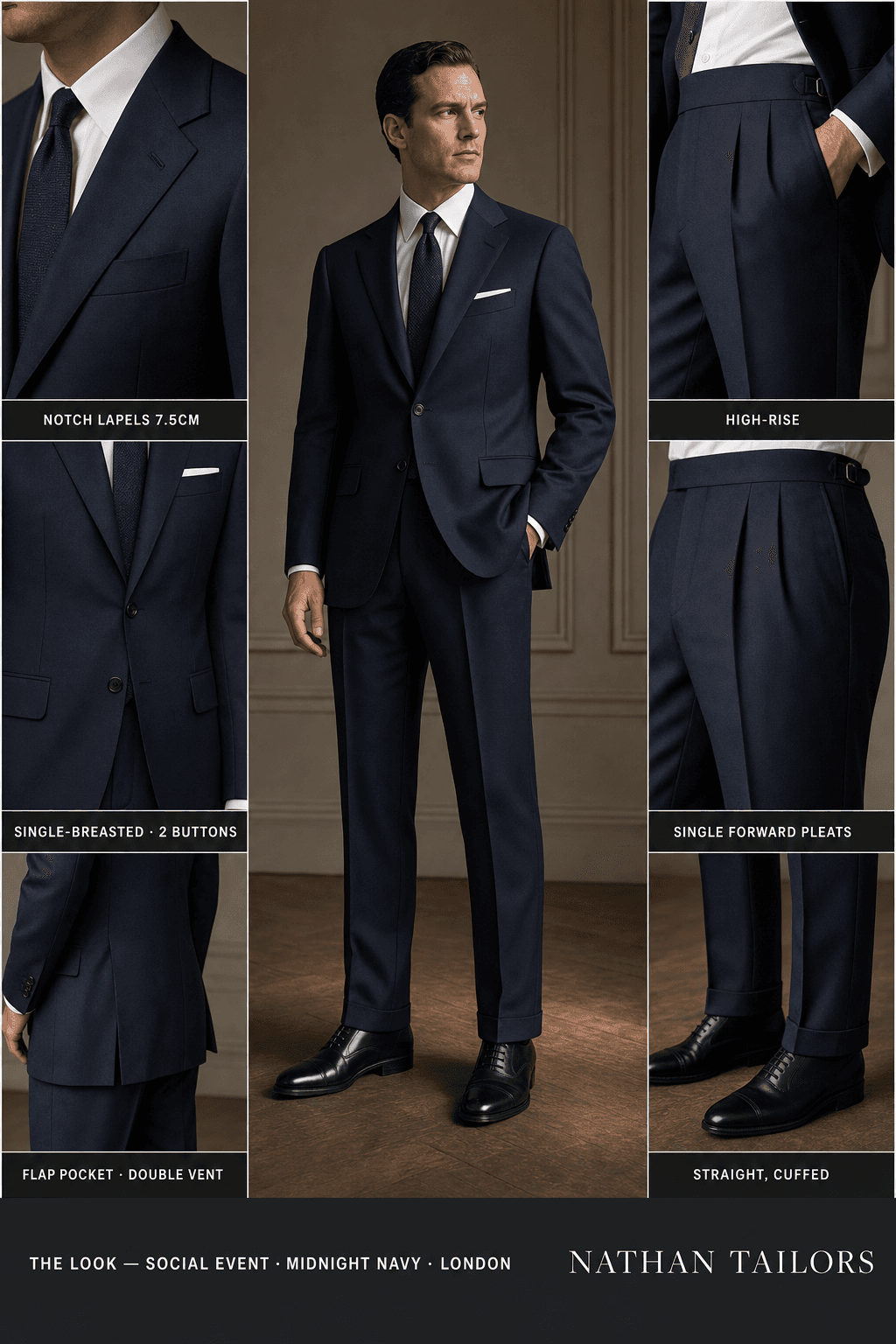 midnight navy single-breasted notch-lapel online custom suit — designed online at RemoteSuit. Made-to-measure online custom suit available from $149.