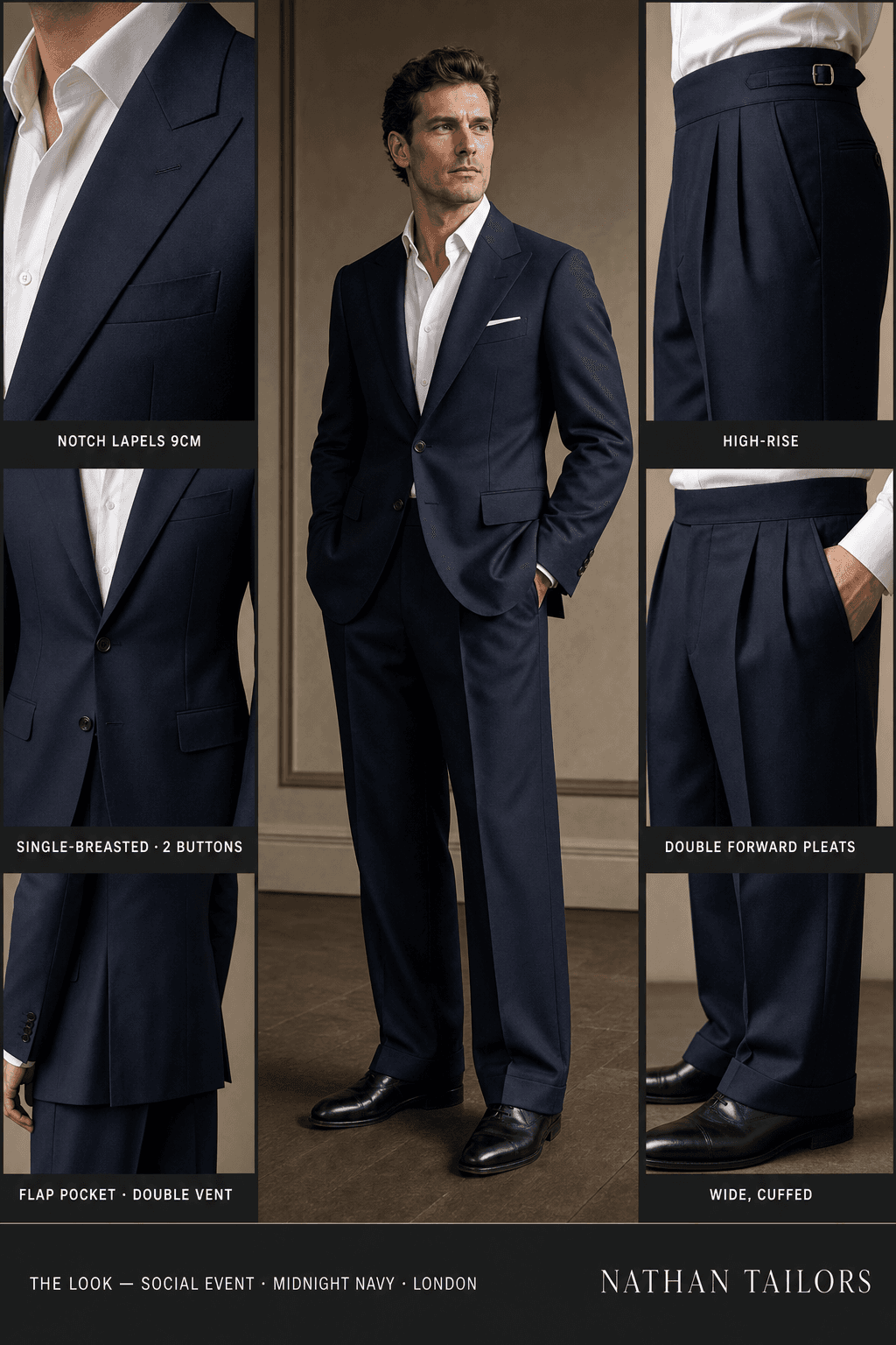 midnight navy single-breasted notch-lapel online custom suit — designed online at RemoteSuit. Made-to-measure online custom suit available from $129.